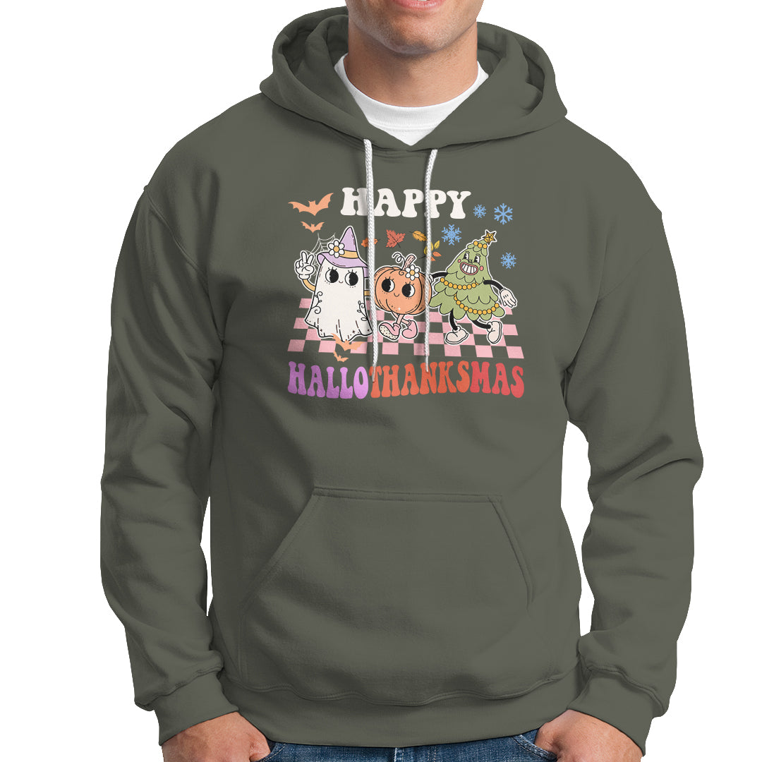 Hallothanksmas Hoodie Halloween Thanksgiving Christmas Groovy Happy HalloThanksMas - Wonder Print Shop