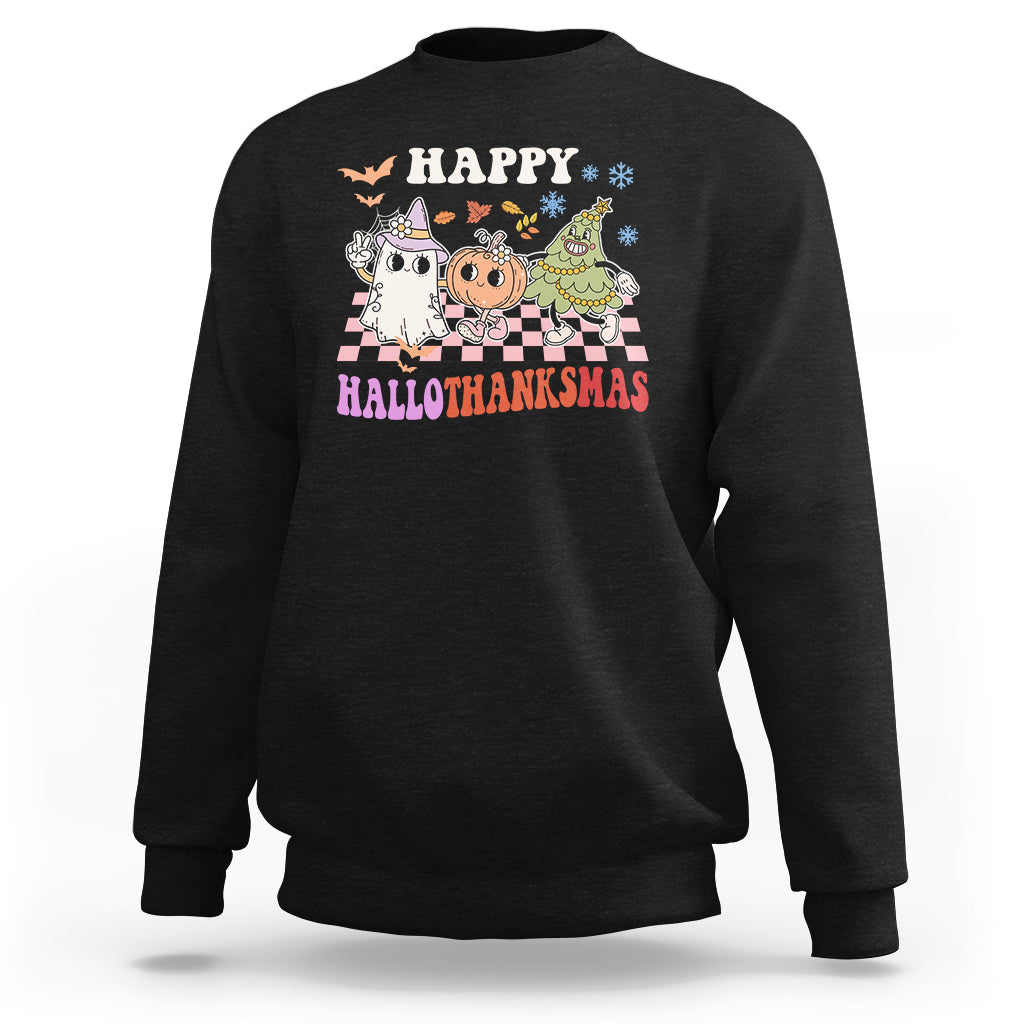 Hallothanksmas Sweatshirt Halloween Thanksgiving Christmas Groovy Happy HalloThanksMas - Wonder Print Shop