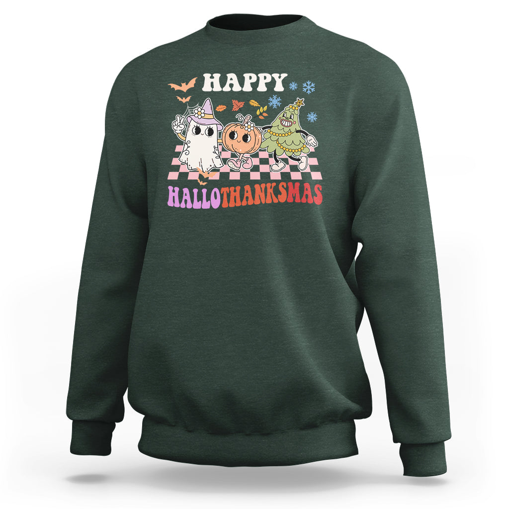 Hallothanksmas Sweatshirt Halloween Thanksgiving Christmas Groovy Happy HalloThanksMas - Wonder Print Shop