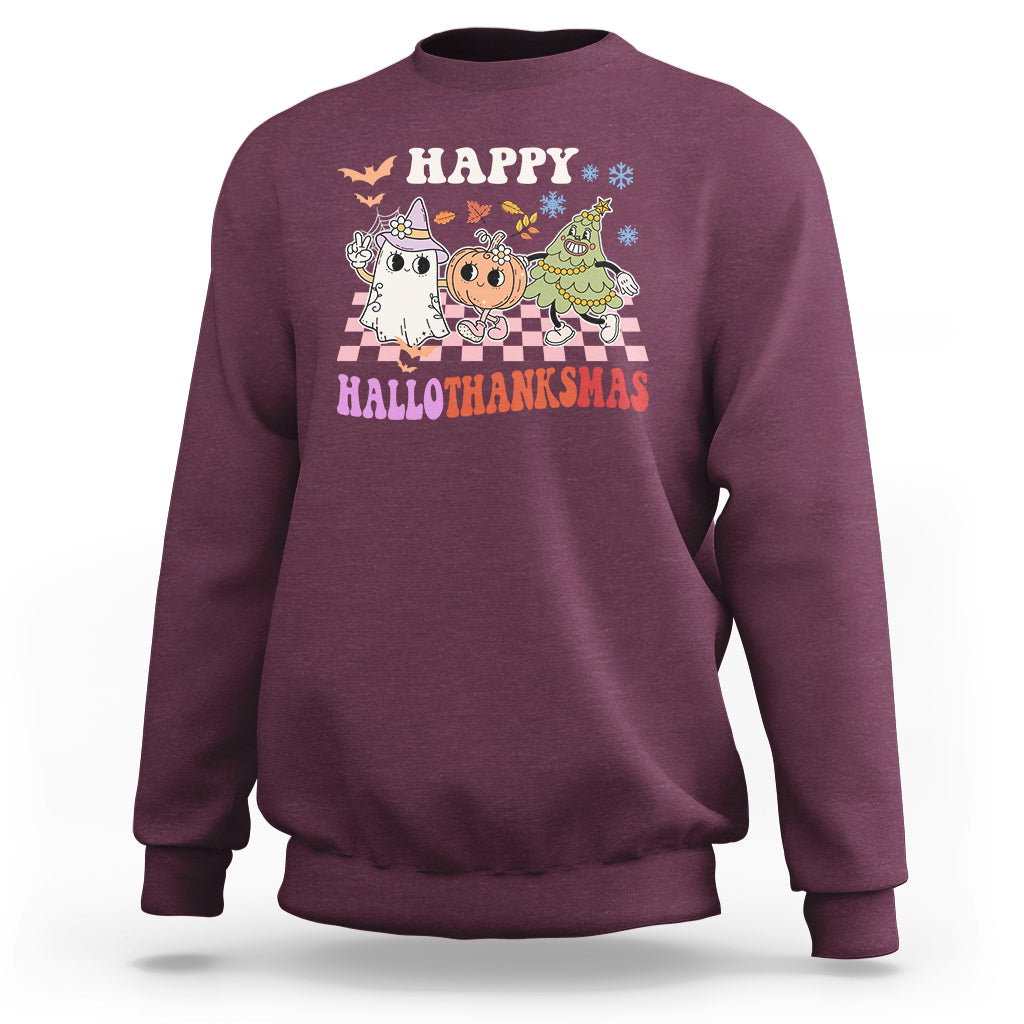 Hallothanksmas Sweatshirt Halloween Thanksgiving Christmas Groovy Happy HalloThanksMas - Wonder Print Shop