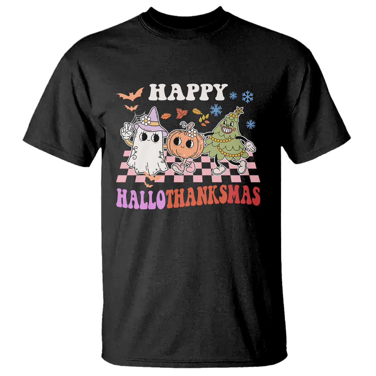 Hallothanksmas T Shirt Halloween Thanksgiving Christmas Groovy Happy HalloThanksMas - Wonder Print Shop