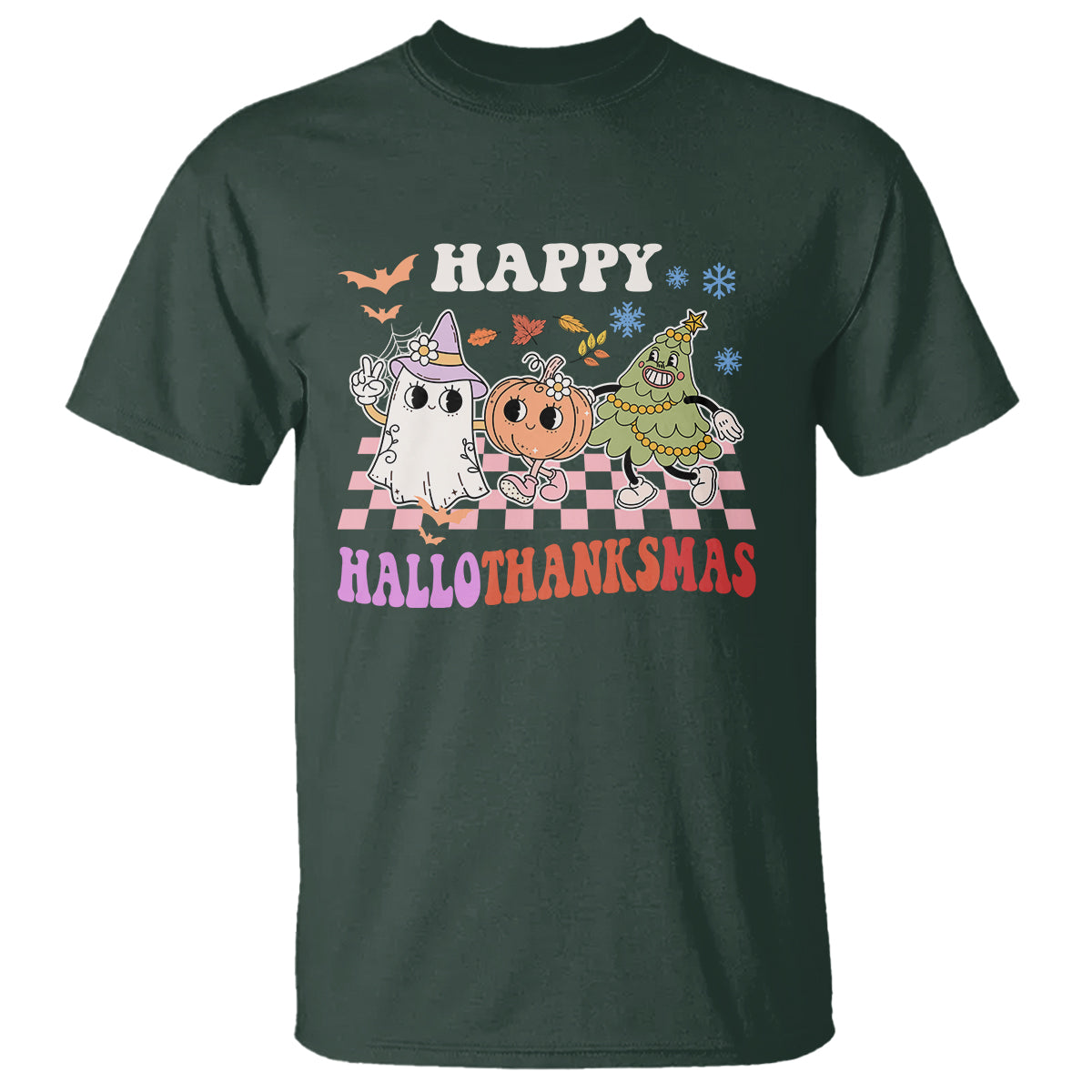 Hallothanksmas T Shirt Halloween Thanksgiving Christmas Groovy Happy HalloThanksMas - Wonder Print Shop