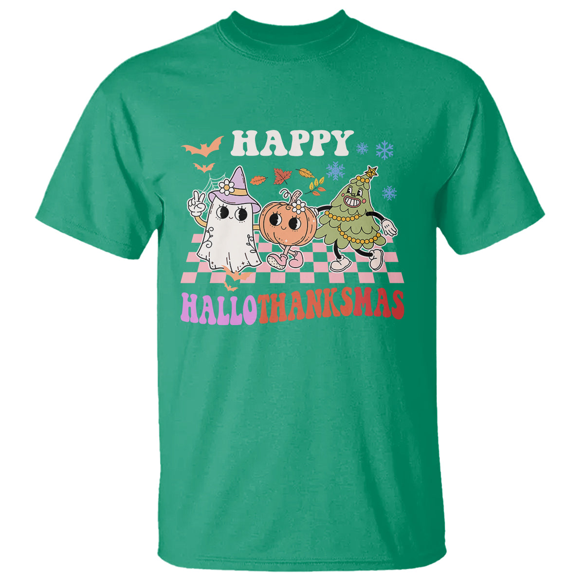 Hallothanksmas T Shirt Halloween Thanksgiving Christmas Groovy Happy HalloThanksMas - Wonder Print Shop