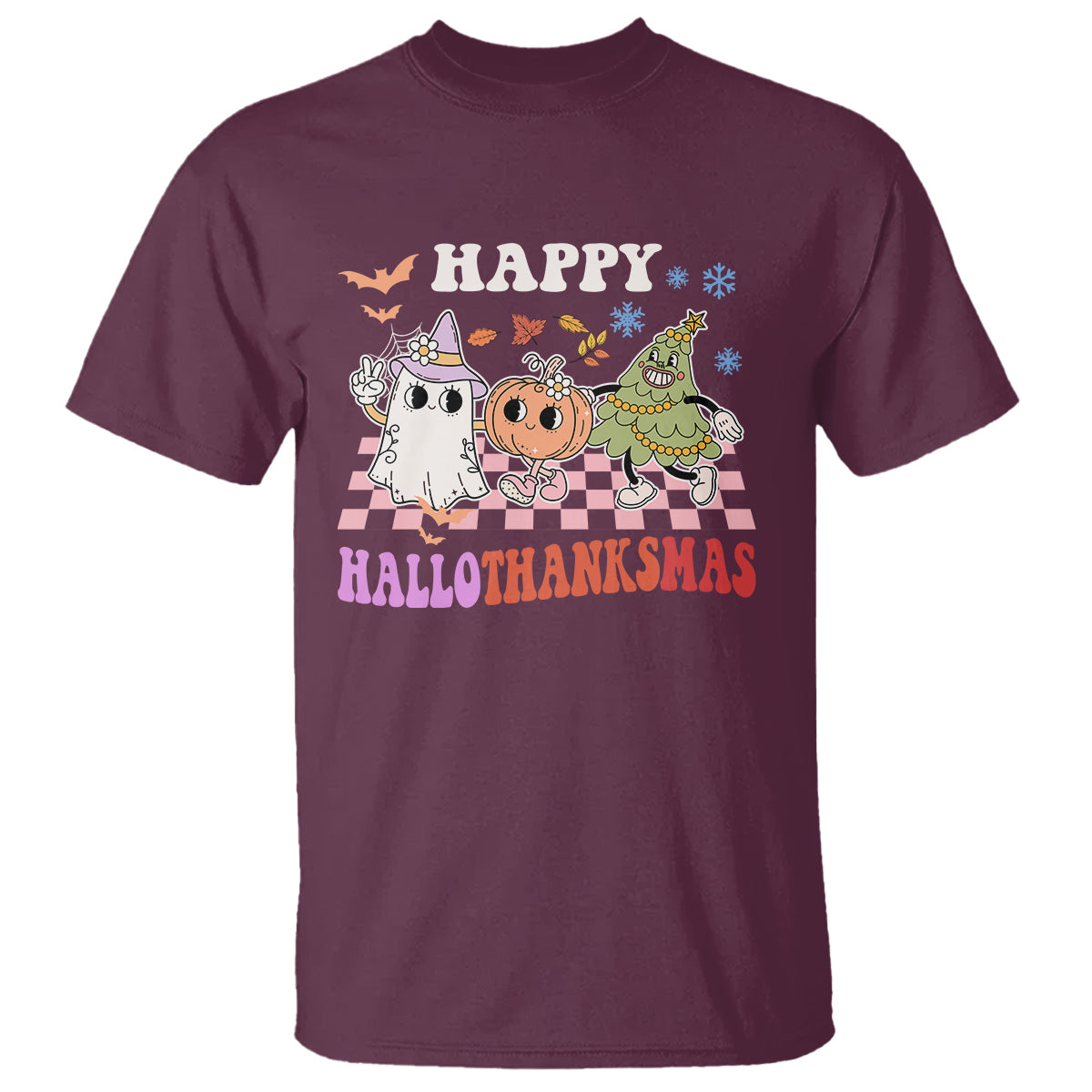 Hallothanksmas T Shirt Halloween Thanksgiving Christmas Groovy Happy HalloThanksMas - Wonder Print Shop