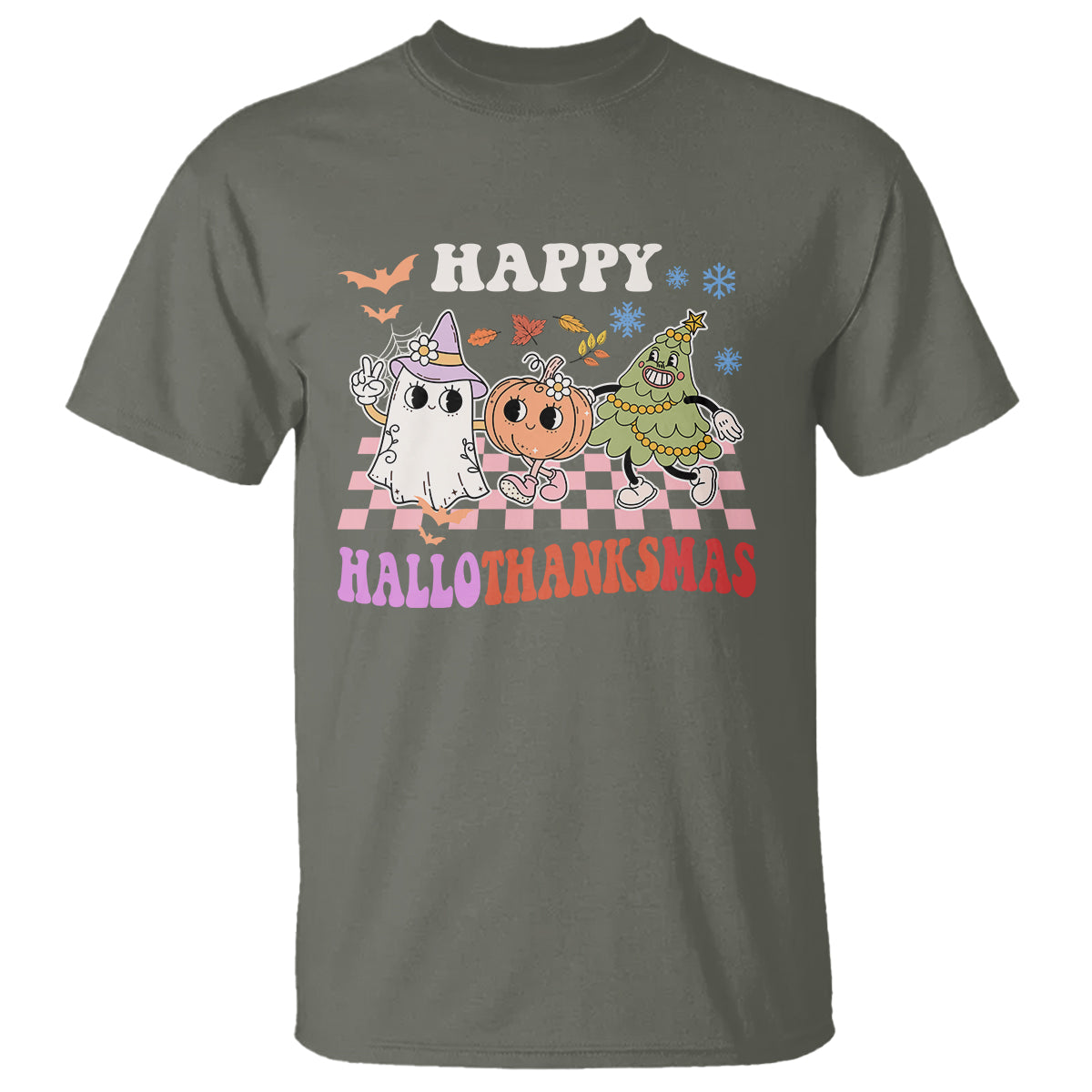 Hallothanksmas T Shirt Halloween Thanksgiving Christmas Groovy Happy HalloThanksMas - Wonder Print Shop