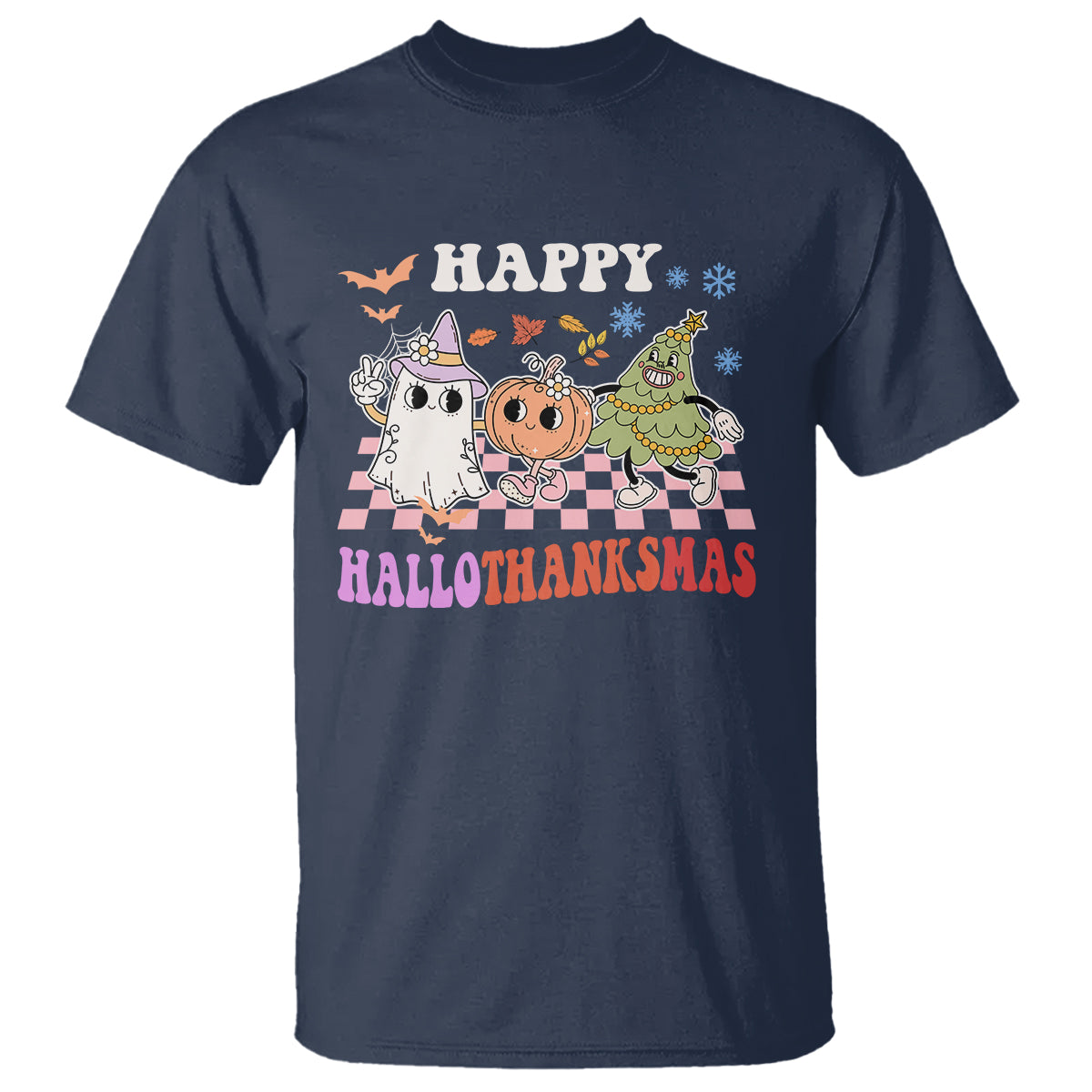 Hallothanksmas T Shirt Halloween Thanksgiving Christmas Groovy Happy HalloThanksMas - Wonder Print Shop