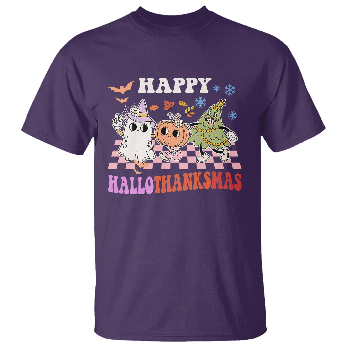 Hallothanksmas T Shirt Halloween Thanksgiving Christmas Groovy Happy HalloThanksMas - Wonder Print Shop