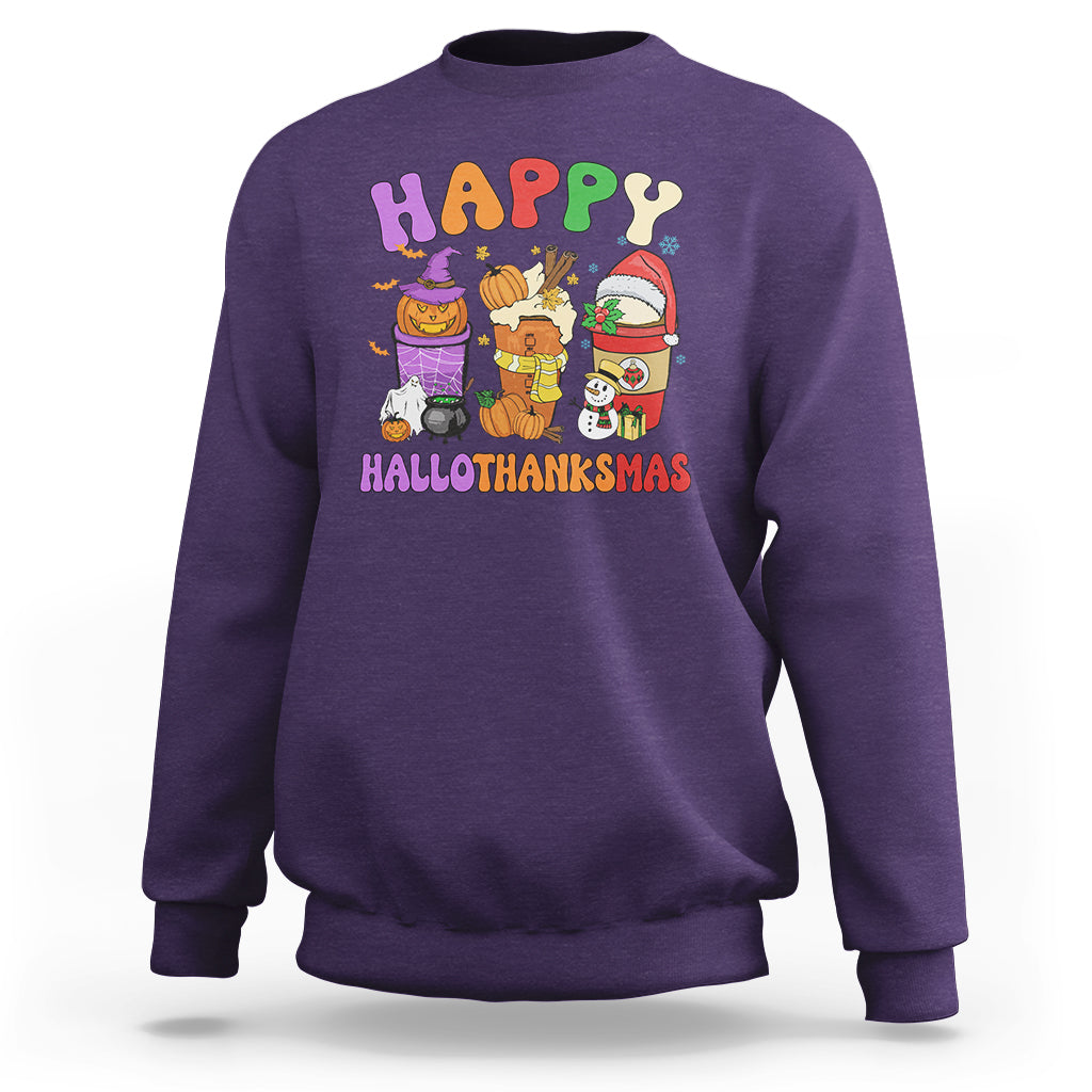 Hallothanksmas Sweatshirt Halloween Thanksgiving Christmas Happy HalloThanksMas Latte - Wonder Print Shop