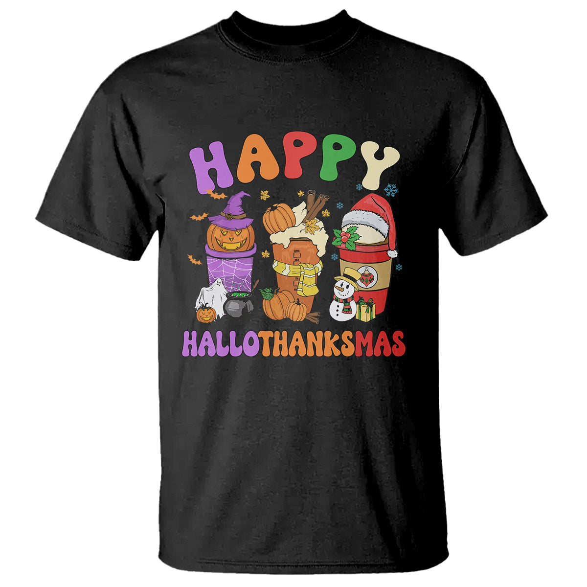 Hallothanksmas T Shirt Halloween Thanksgiving Christmas Happy HalloThanksMas Latte - Wonder Print Shop