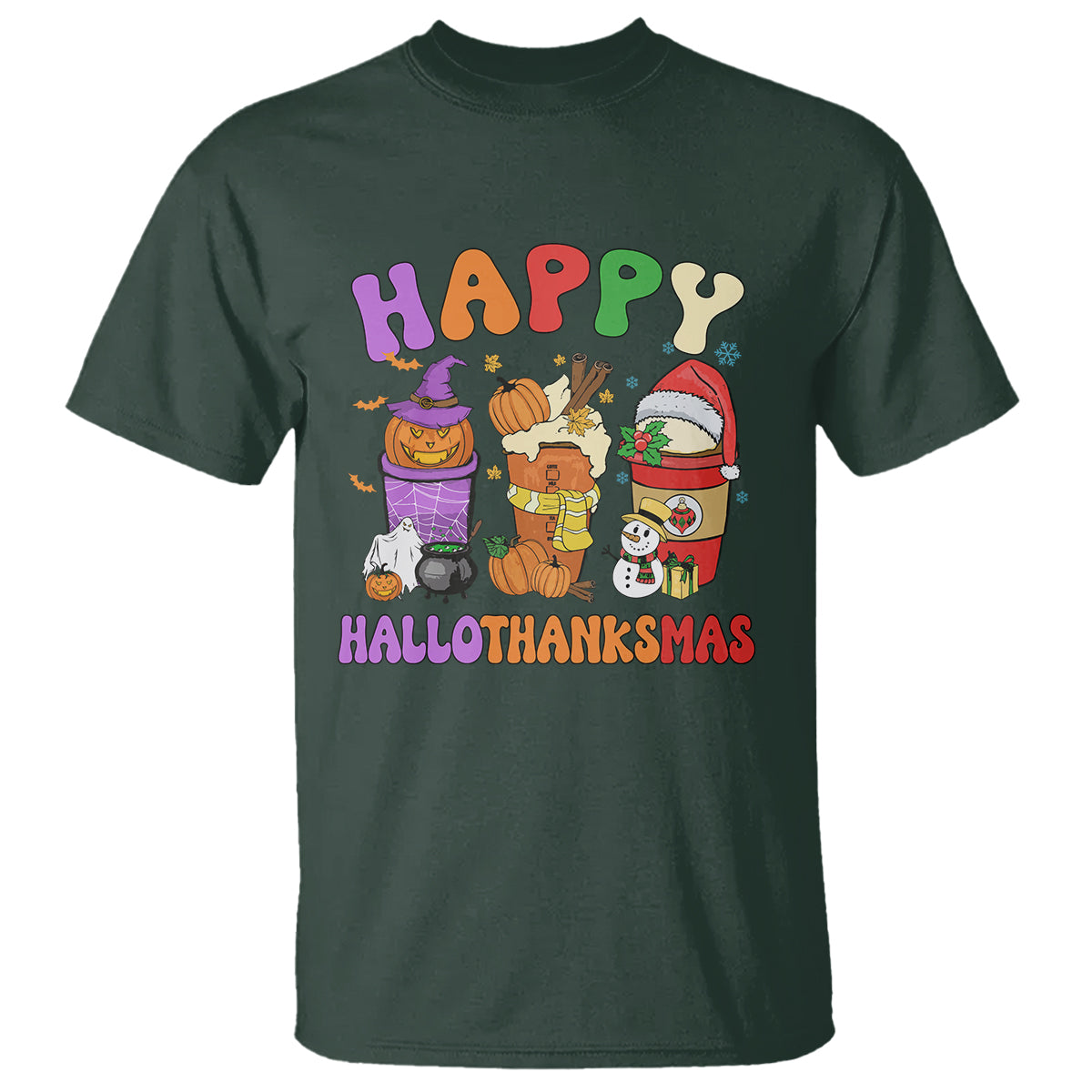 Hallothanksmas T Shirt Halloween Thanksgiving Christmas Happy HalloThanksMas Latte - Wonder Print Shop