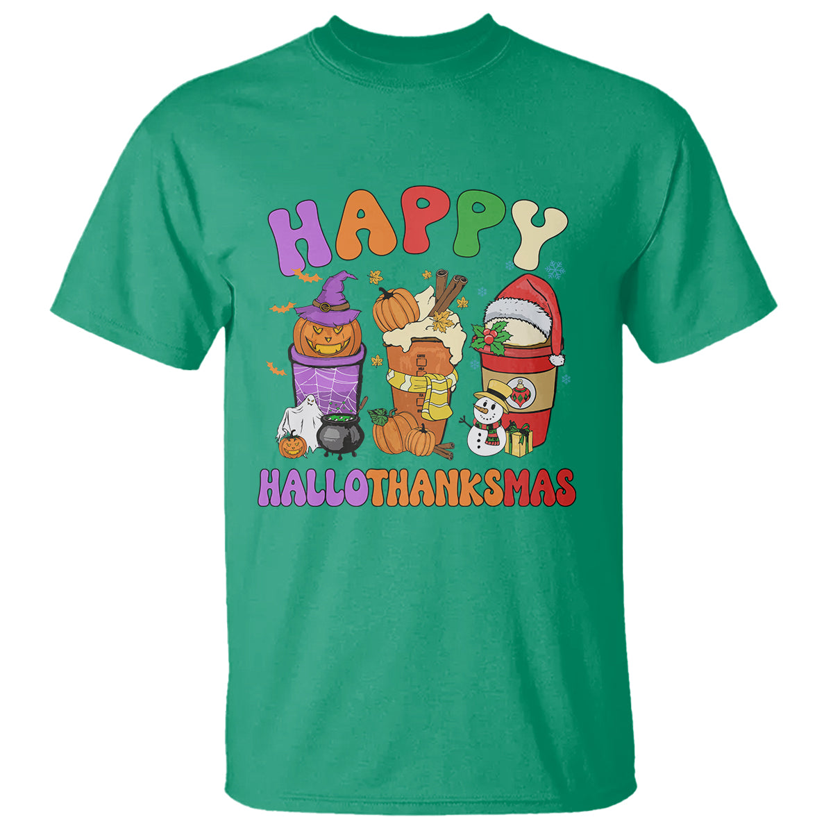 Hallothanksmas T Shirt Halloween Thanksgiving Christmas Happy HalloThanksMas Latte - Wonder Print Shop
