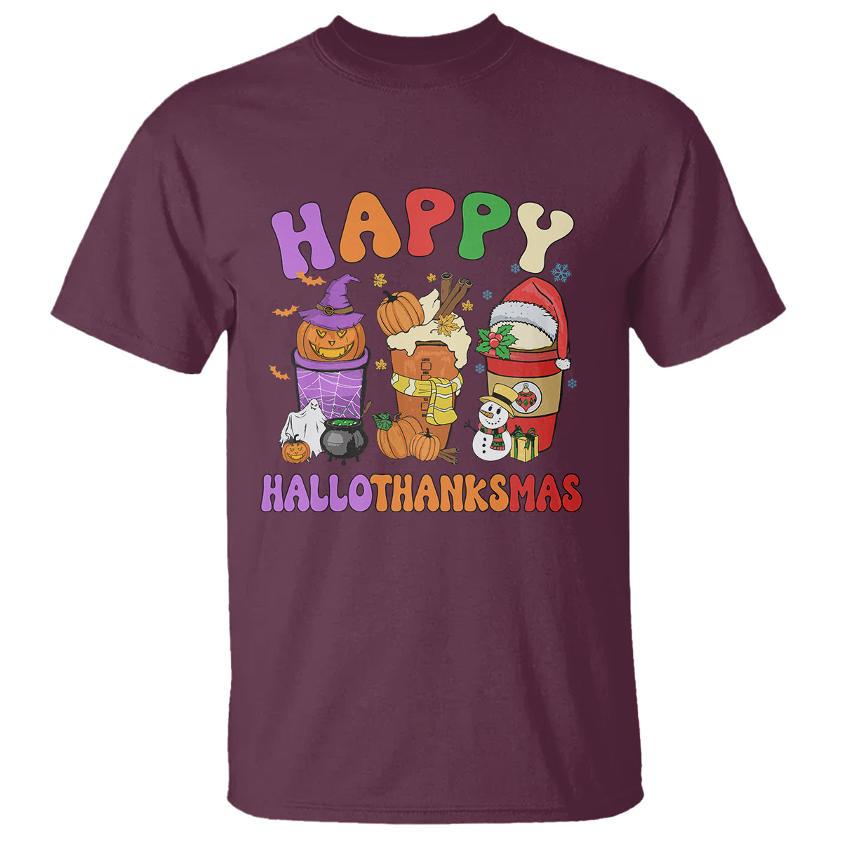 Hallothanksmas T Shirt Halloween Thanksgiving Christmas Happy HalloThanksMas Latte - Wonder Print Shop