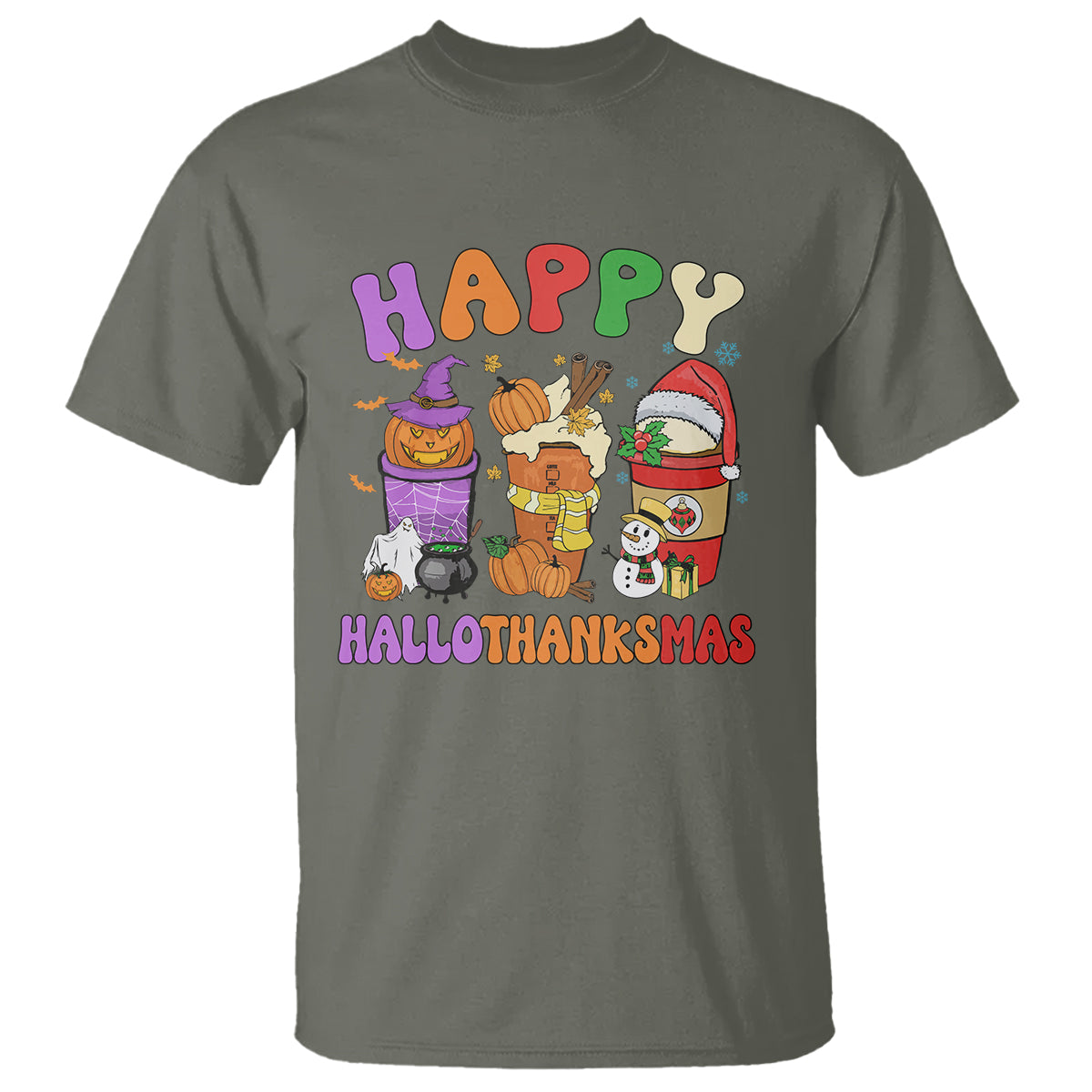 Hallothanksmas T Shirt Halloween Thanksgiving Christmas Happy HalloThanksMas Latte - Wonder Print Shop