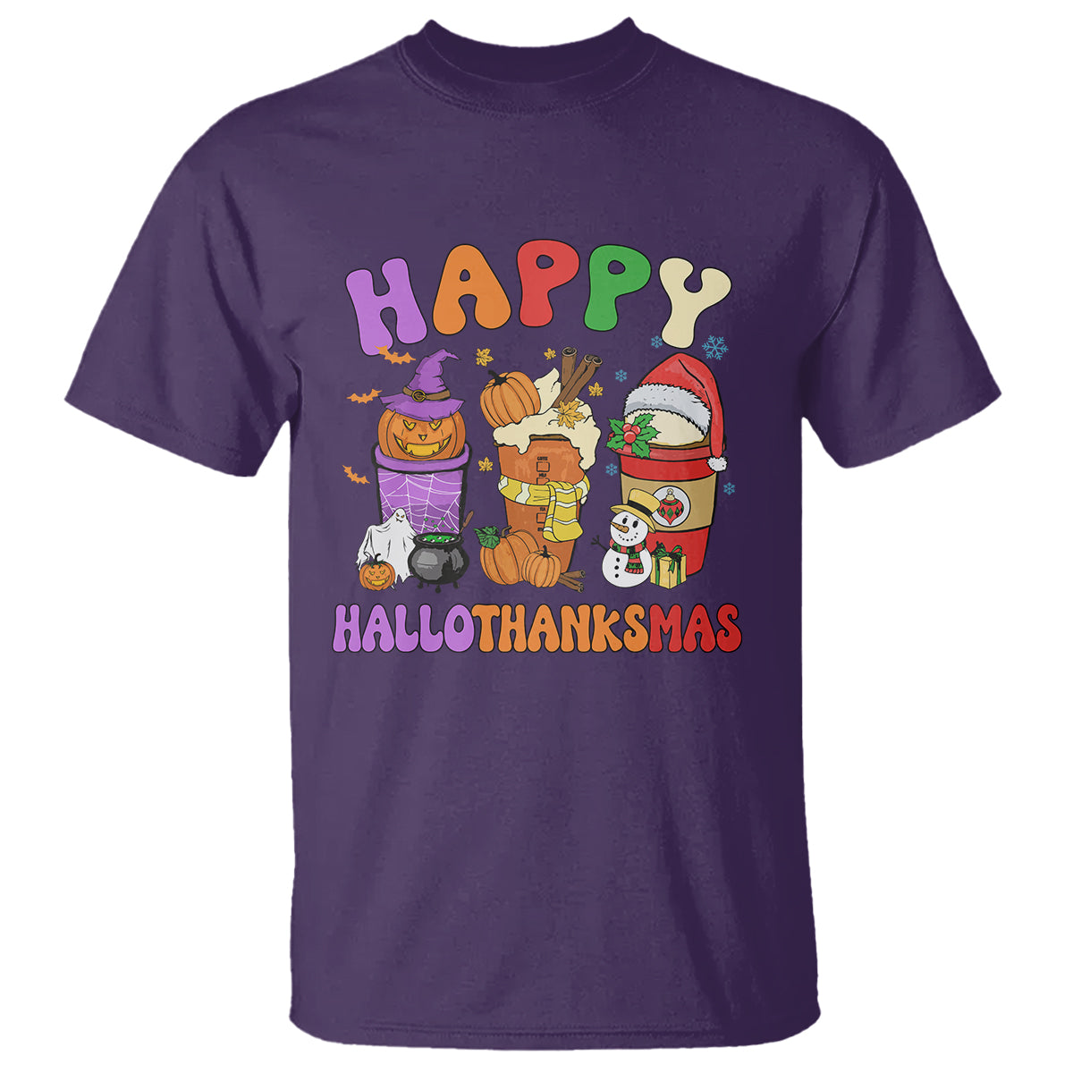 Hallothanksmas T Shirt Halloween Thanksgiving Christmas Happy HalloThanksMas Latte - Wonder Print Shop