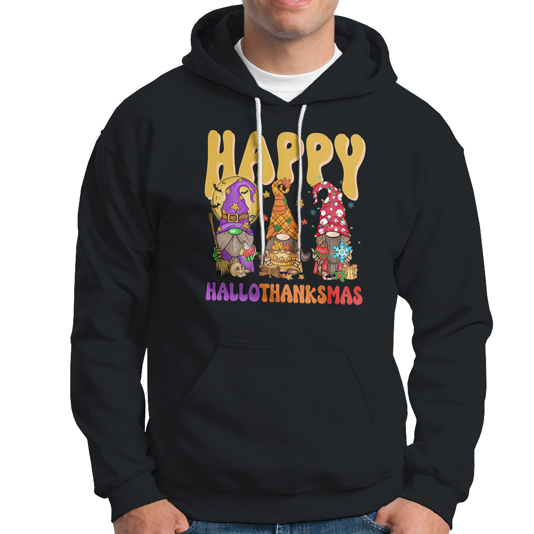 Hallothanksmas Hoodie Halloween Thanksgiving Christmas Happy HalloThanksMas Gnomes - Wonder Print Shop