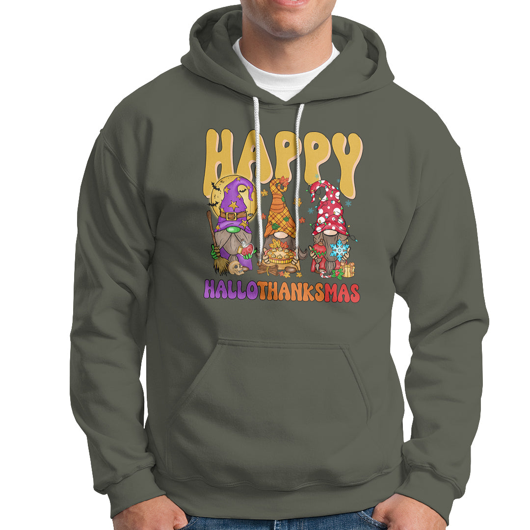 Hallothanksmas Hoodie Halloween Thanksgiving Christmas Happy HalloThanksMas Gnomes - Wonder Print Shop