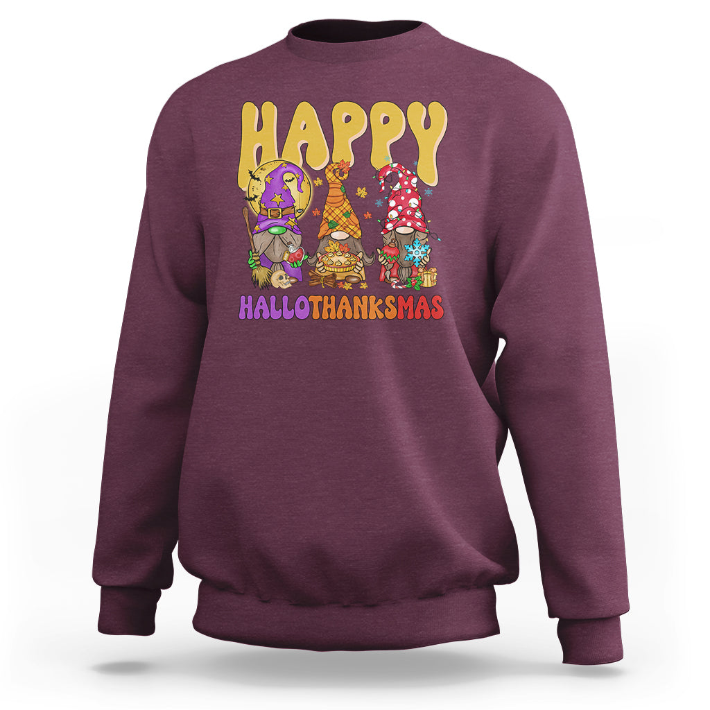 Hallothanksmas Sweatshirt Halloween Thanksgiving Christmas Happy HalloThanksMas Gnomes - Wonder Print Shop
