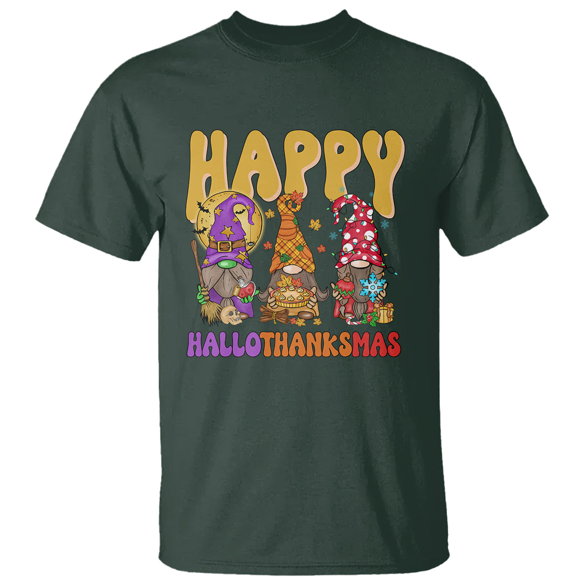 Hallothanksmas T Shirt Halloween Thanksgiving Christmas Happy HalloThanksMas Gnomes - Wonder Print Shop