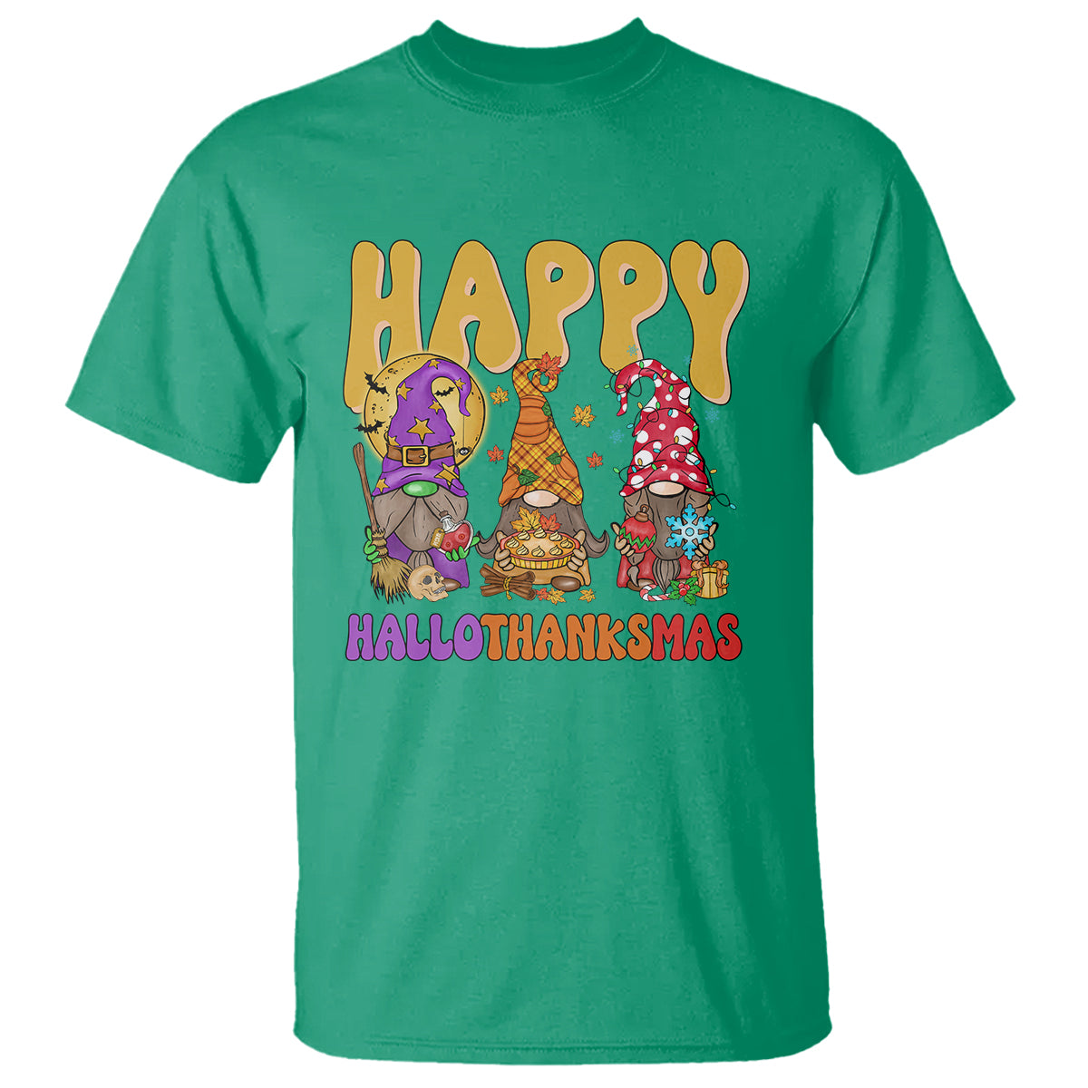 Hallothanksmas T Shirt Halloween Thanksgiving Christmas Happy HalloThanksMas Gnomes - Wonder Print Shop