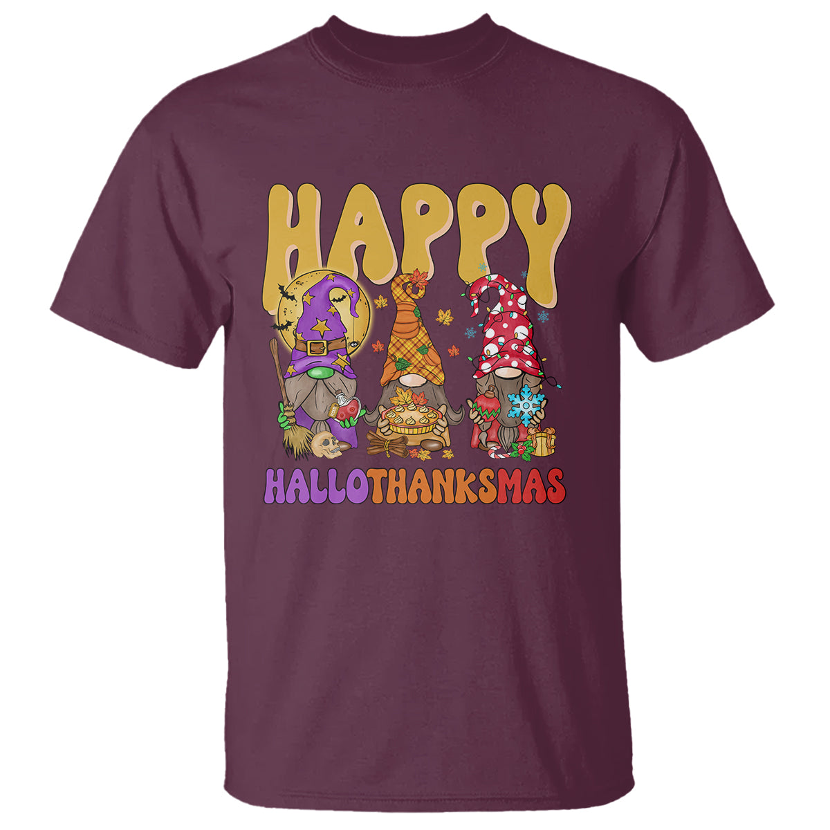 Hallothanksmas T Shirt Halloween Thanksgiving Christmas Happy HalloThanksMas Gnomes - Wonder Print Shop