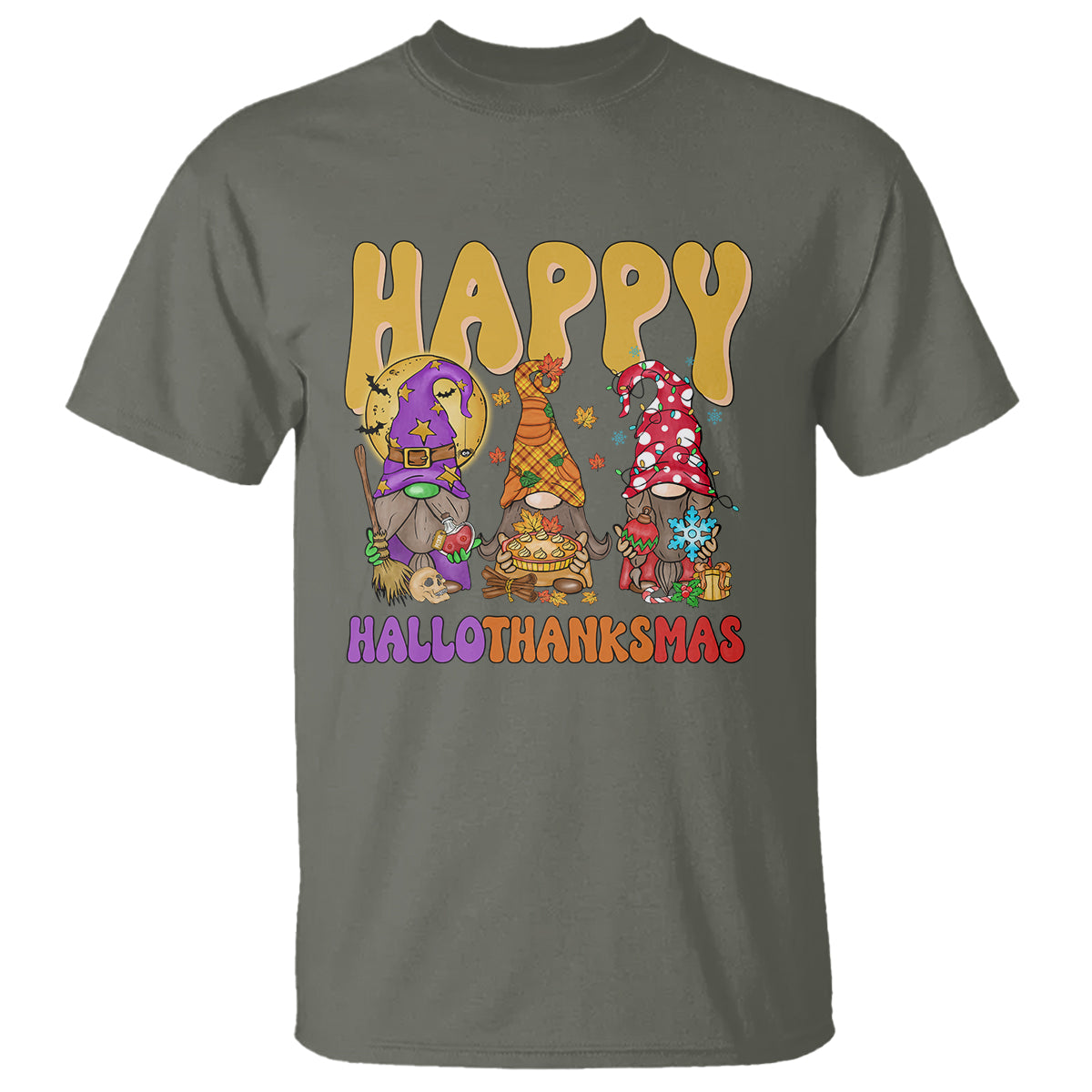 Hallothanksmas T Shirt Halloween Thanksgiving Christmas Happy HalloThanksMas Gnomes - Wonder Print Shop