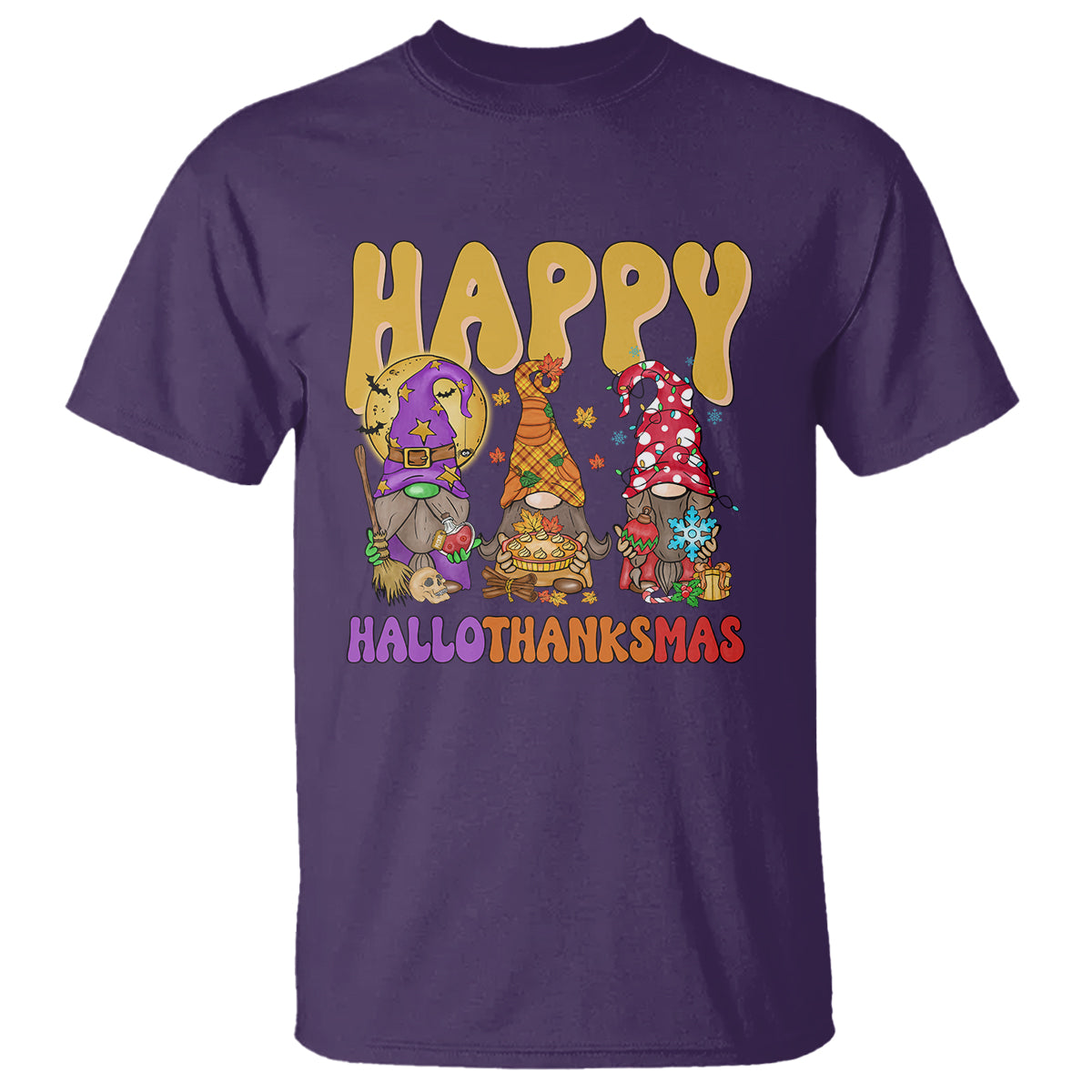 Hallothanksmas T Shirt Halloween Thanksgiving Christmas Happy HalloThanksMas Gnomes - Wonder Print Shop