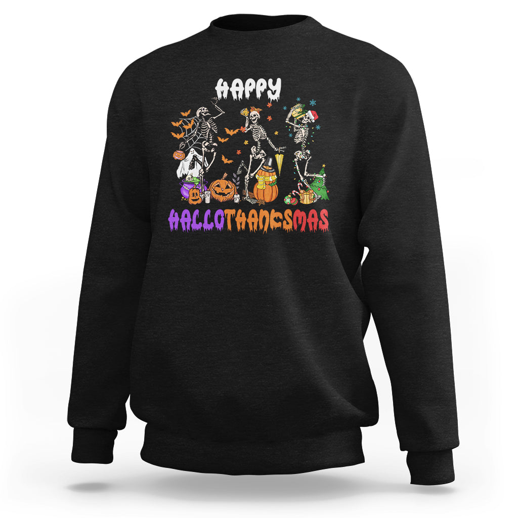 Hallothanksmas Sweatshirt Halloween Thanksgiving Christmas HalloThanksMas Skeleton - Wonder Print Shop