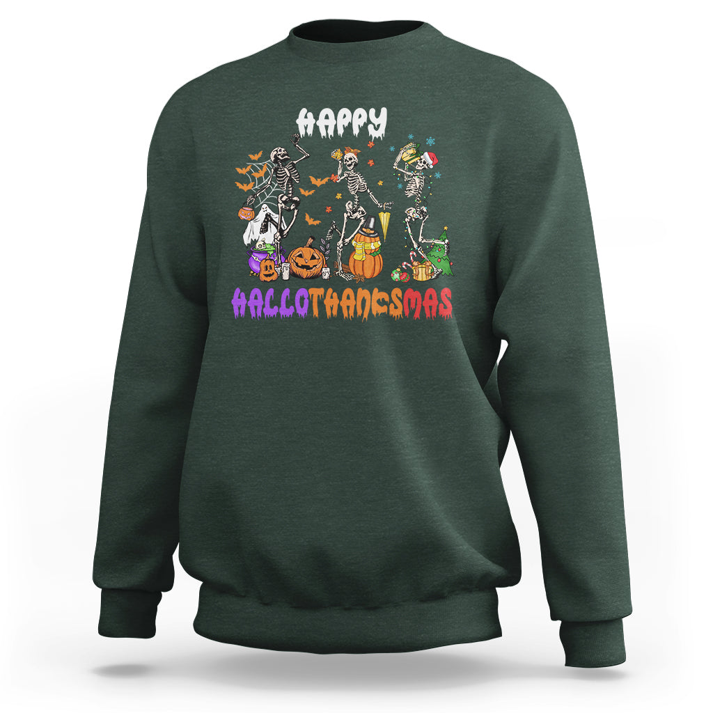 Hallothanksmas Sweatshirt Halloween Thanksgiving Christmas HalloThanksMas Skeleton - Wonder Print Shop