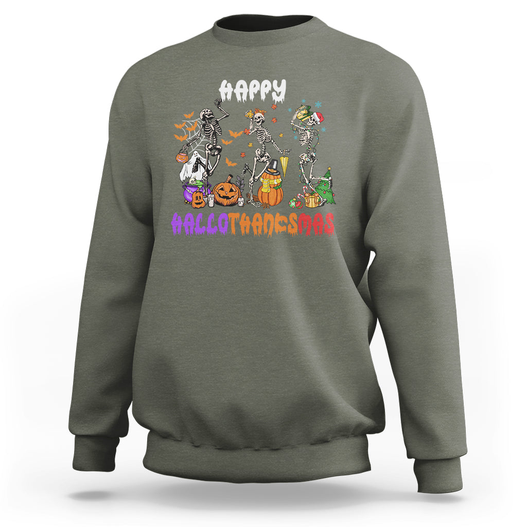 Hallothanksmas Sweatshirt Halloween Thanksgiving Christmas HalloThanksMas Skeleton - Wonder Print Shop