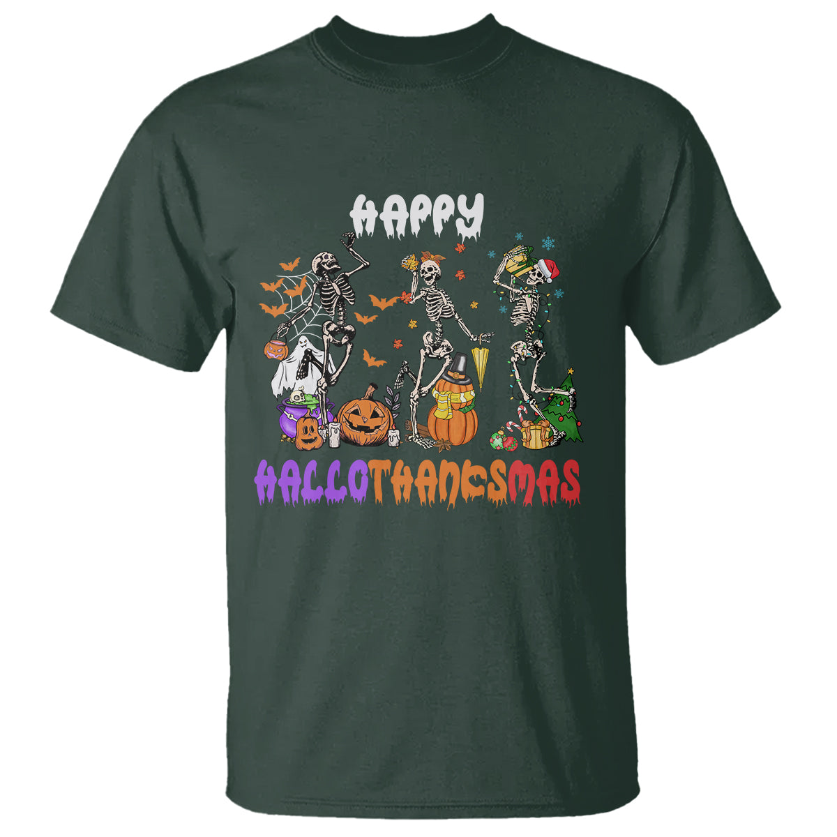 Hallothanksmas T Shirt Halloween Thanksgiving Christmas HalloThanksMas Skeleton - Wonder Print Shop