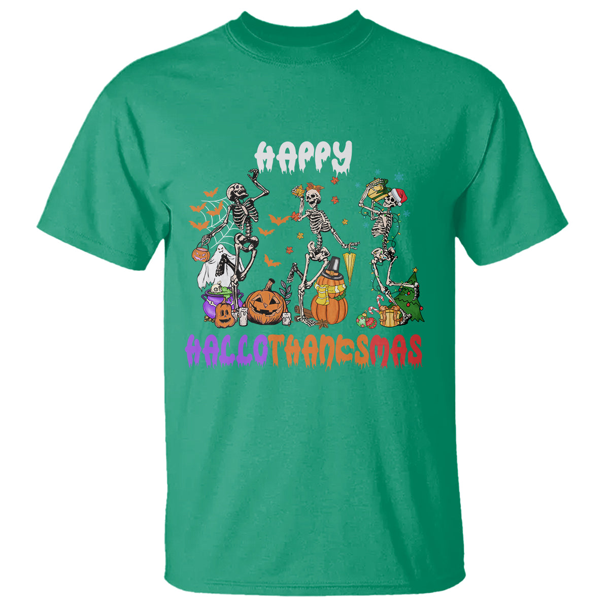 Hallothanksmas T Shirt Halloween Thanksgiving Christmas HalloThanksMas Skeleton - Wonder Print Shop
