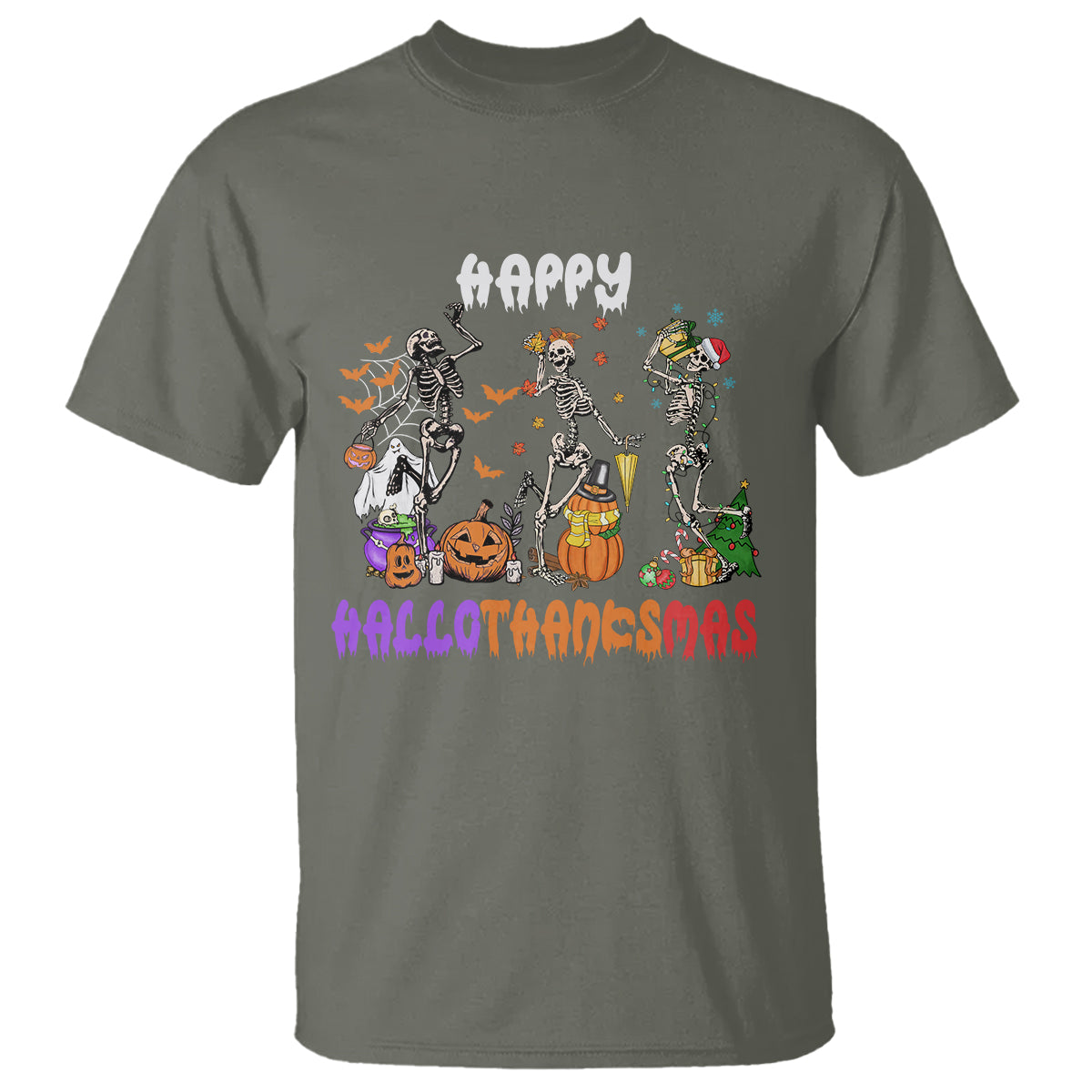 Hallothanksmas T Shirt Halloween Thanksgiving Christmas HalloThanksMas Skeleton - Wonder Print Shop