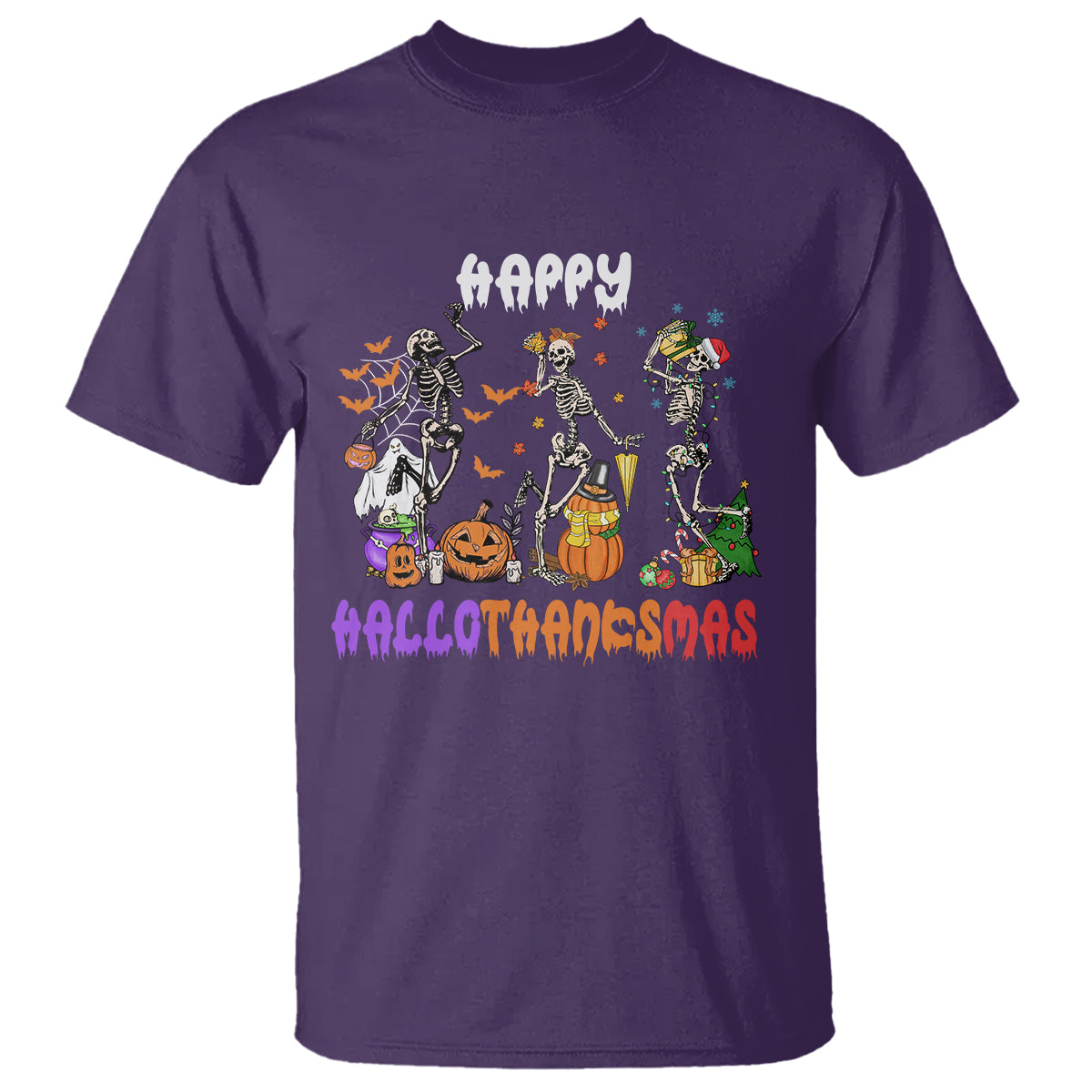 Hallothanksmas T Shirt Halloween Thanksgiving Christmas HalloThanksMas Skeleton - Wonder Print Shop