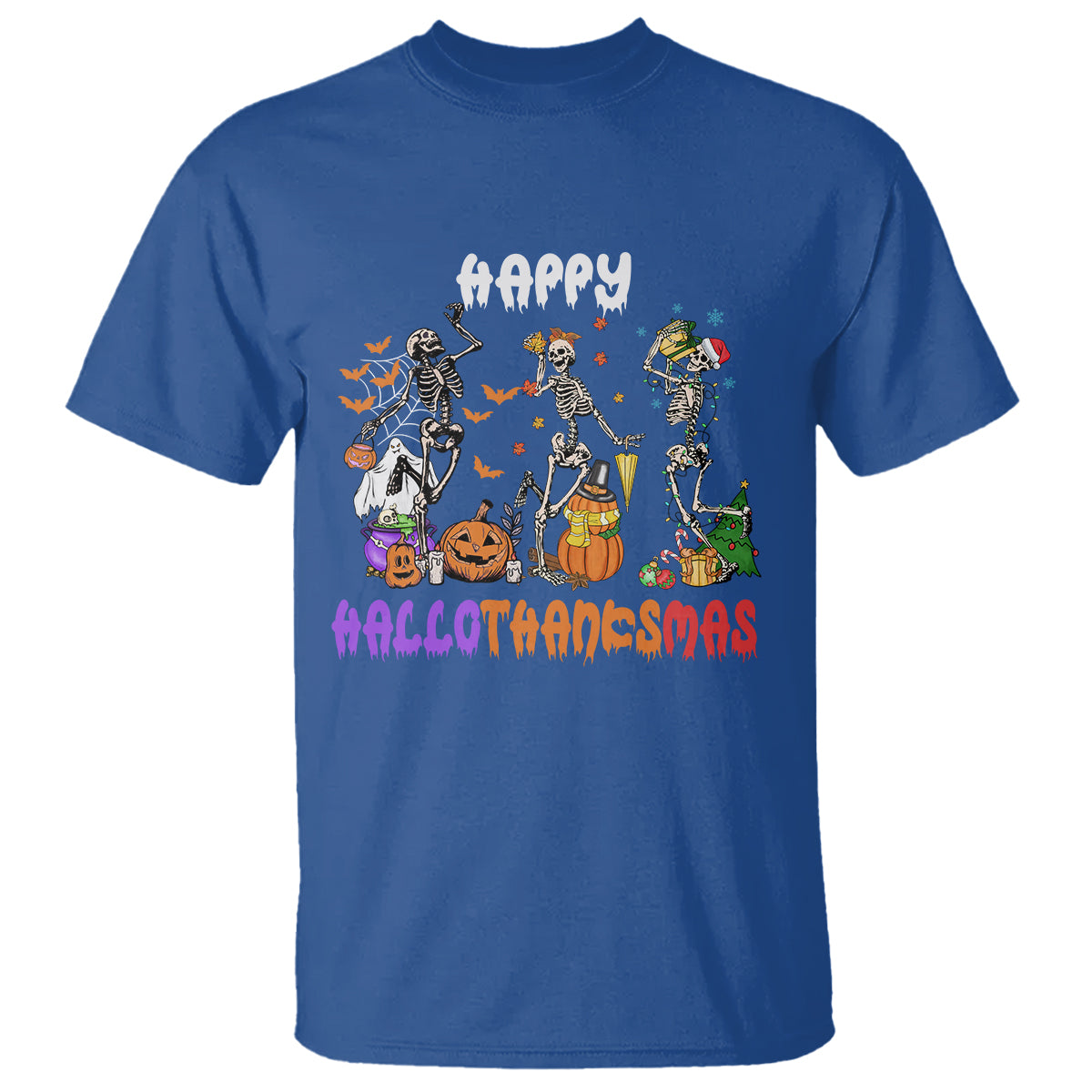 Hallothanksmas T Shirt Halloween Thanksgiving Christmas HalloThanksMas Skeleton - Wonder Print Shop