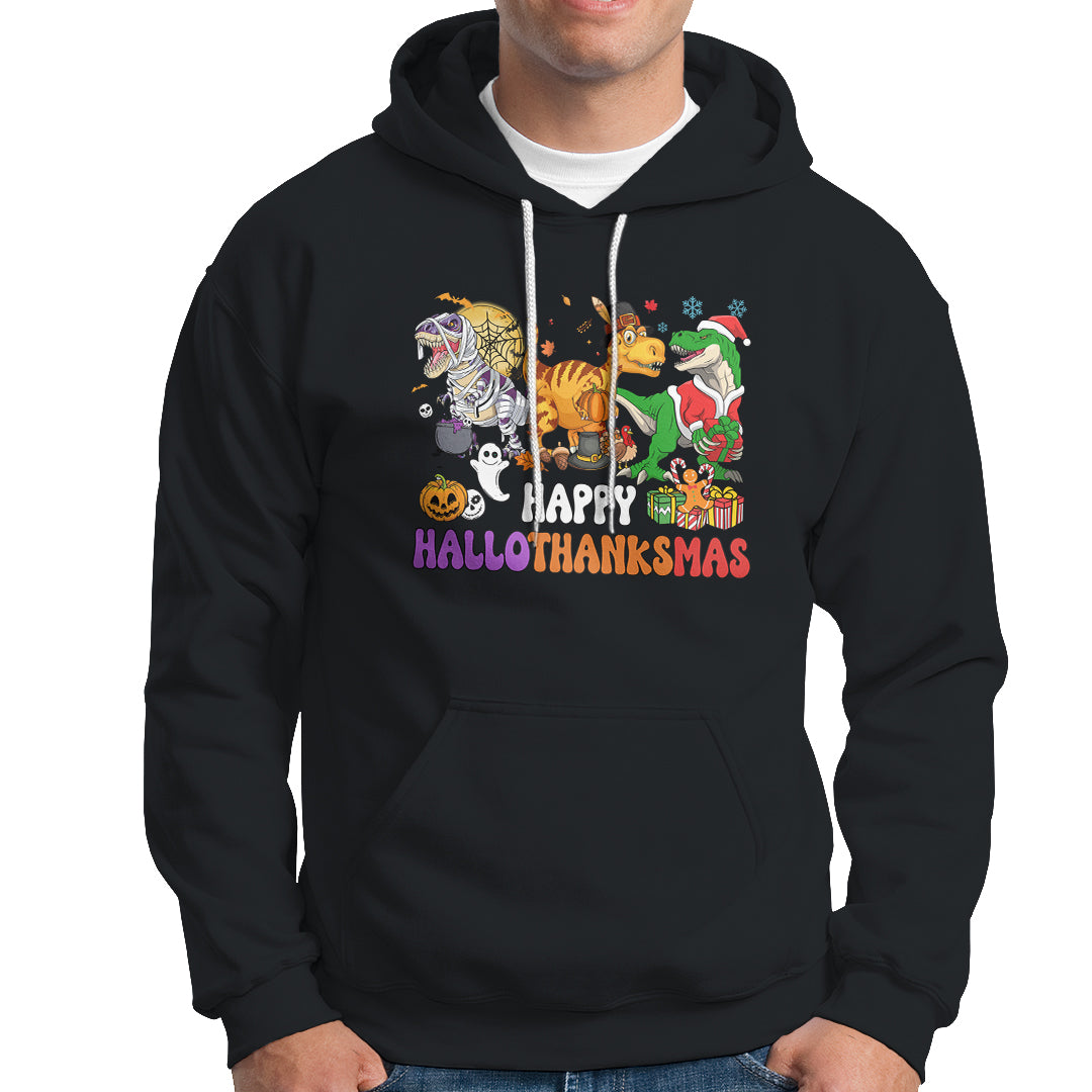 Hallothanksmas Hoodie Halloween Thanksgiving Christmas HalloThanksMas Dinosaur - Wonder Print Shop