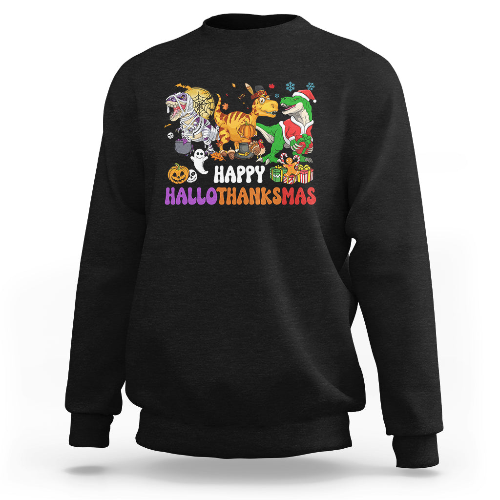 Hallothanksmas Sweatshirt Halloween Thanksgiving Christmas HalloThanksMas Dinosaur - Wonder Print Shop