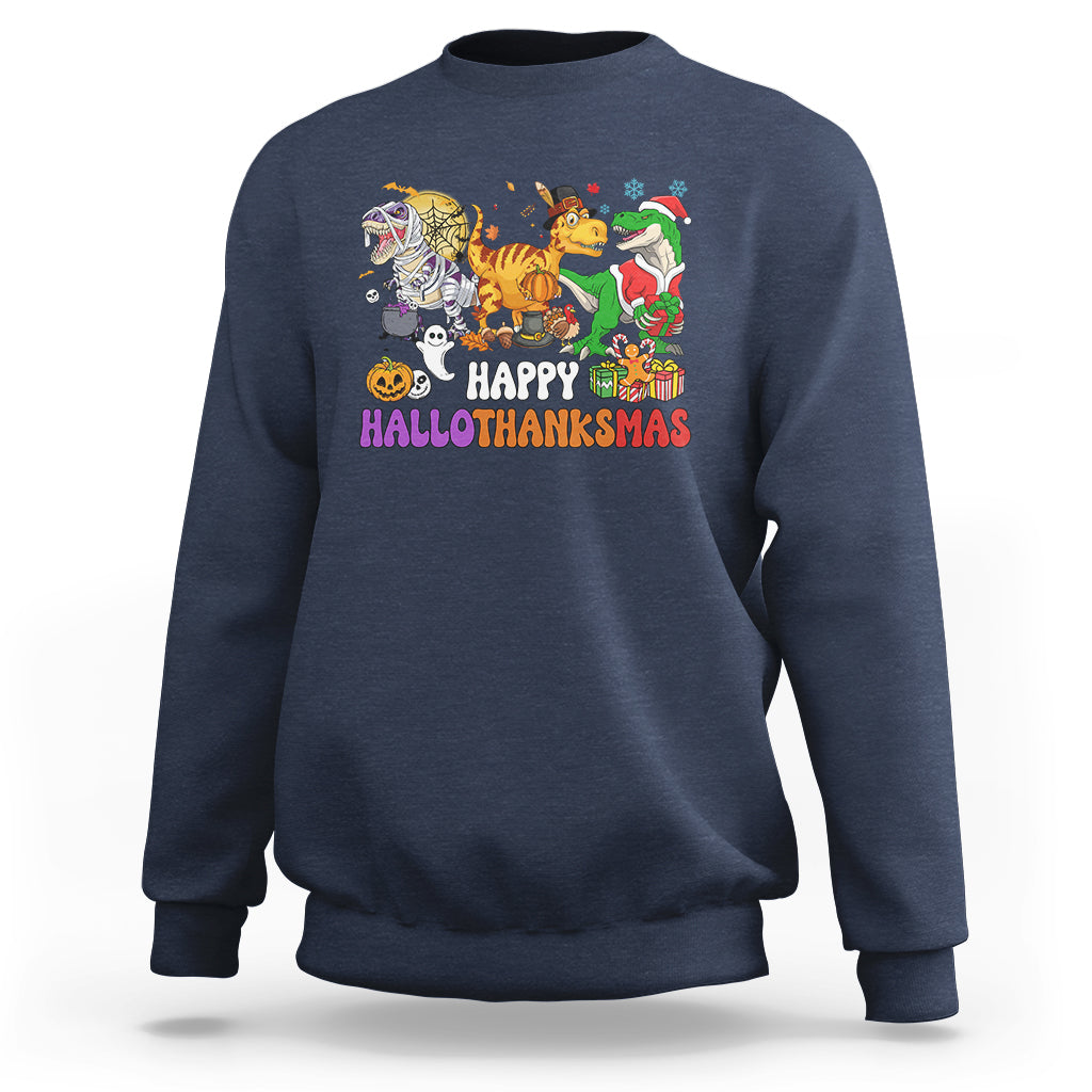 Hallothanksmas Sweatshirt Halloween Thanksgiving Christmas HalloThanksMas Dinosaur - Wonder Print Shop