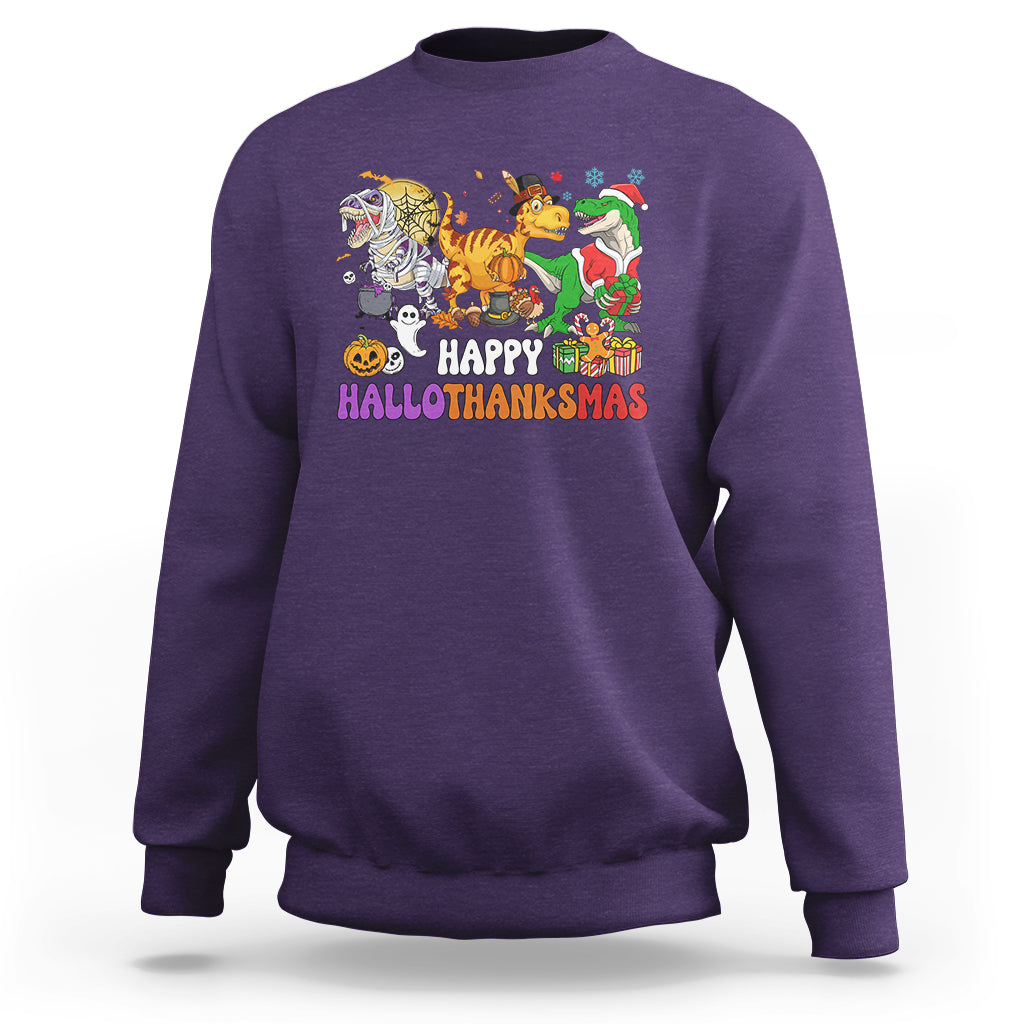 Hallothanksmas Sweatshirt Halloween Thanksgiving Christmas HalloThanksMas Dinosaur - Wonder Print Shop