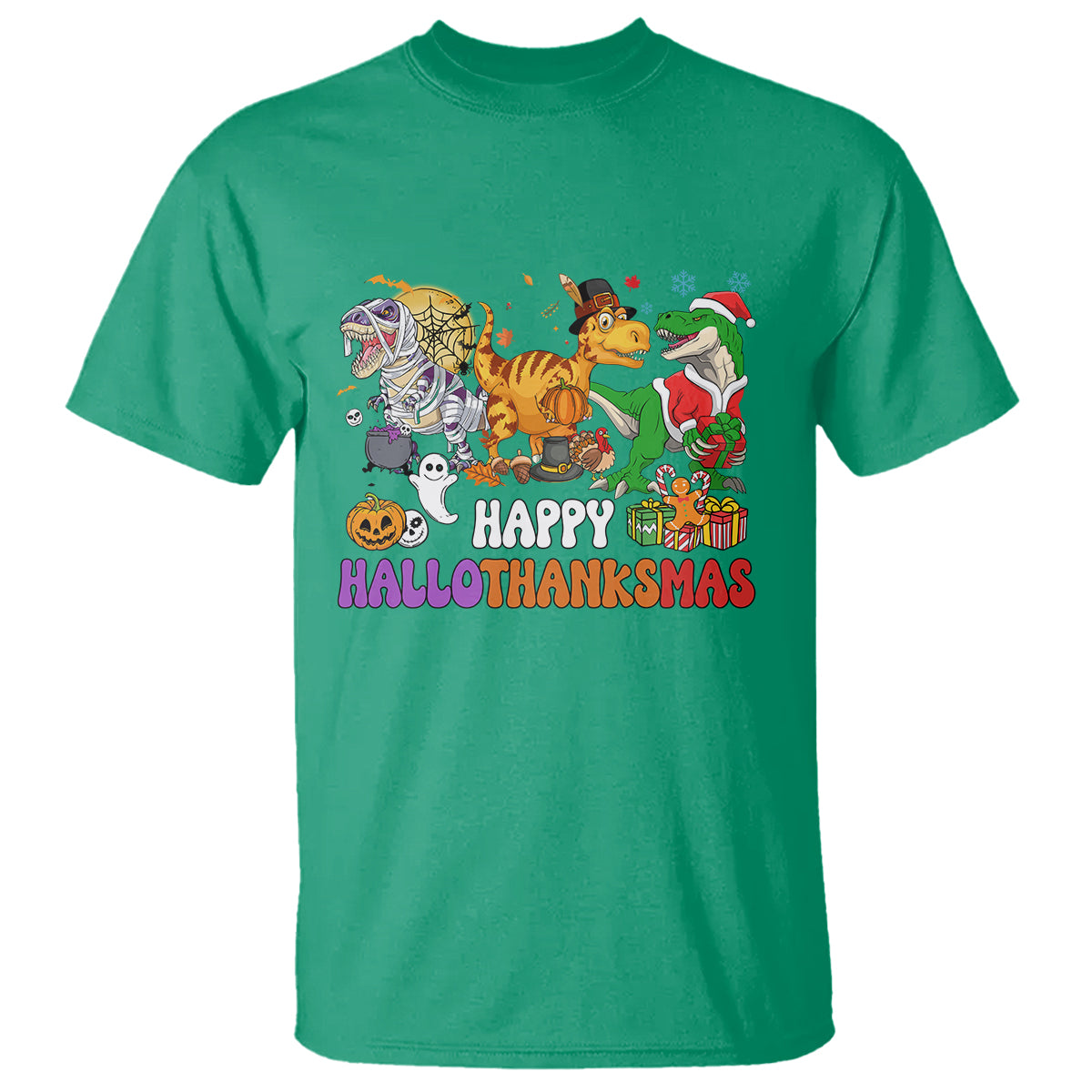 Hallothanksmas T Shirt Halloween Thanksgiving Christmas HalloThanksMas Dinosaur - Wonder Print Shop