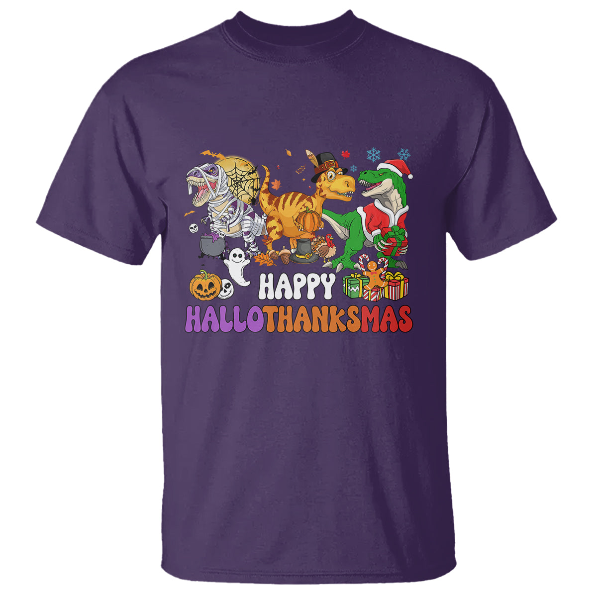 Hallothanksmas T Shirt Halloween Thanksgiving Christmas HalloThanksMas Dinosaur - Wonder Print Shop