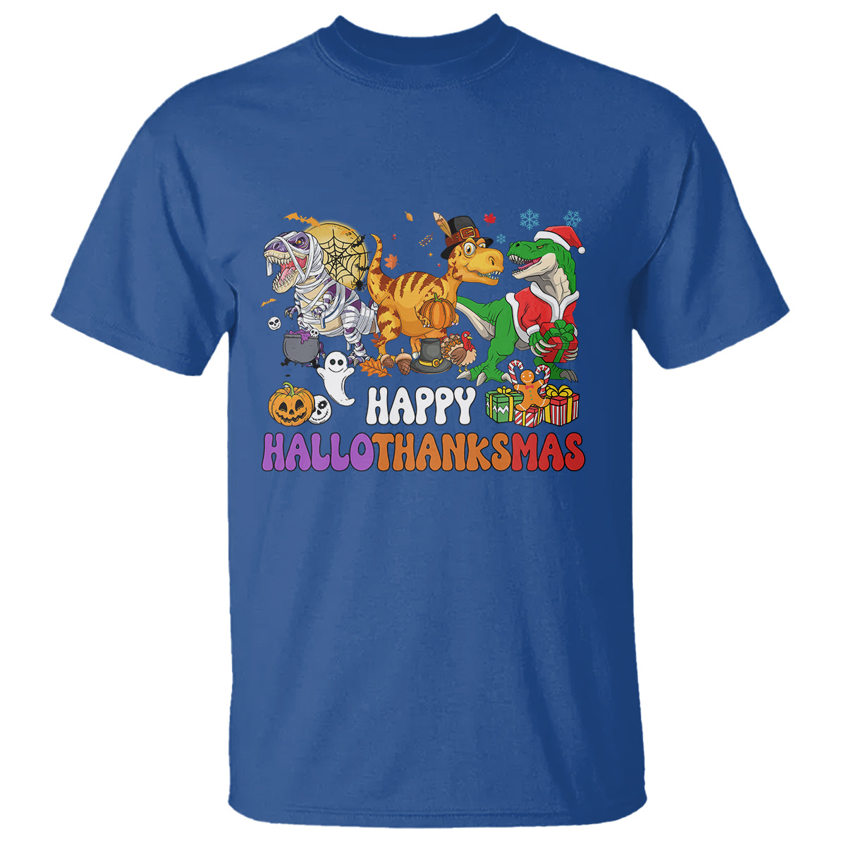 Hallothanksmas T Shirt Halloween Thanksgiving Christmas HalloThanksMas Dinosaur - Wonder Print Shop