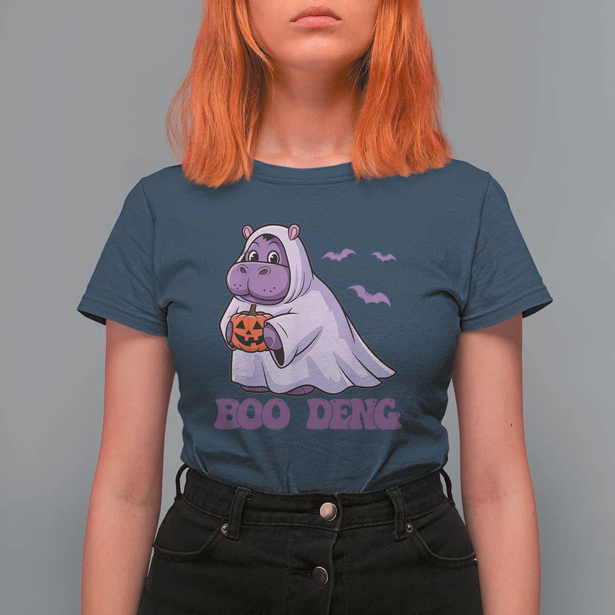 Baby Hippo Moo Deng T Shirt For Women Boo-deng Halloween Cute Pygmy Hippopotamus - Wonder Print Shop