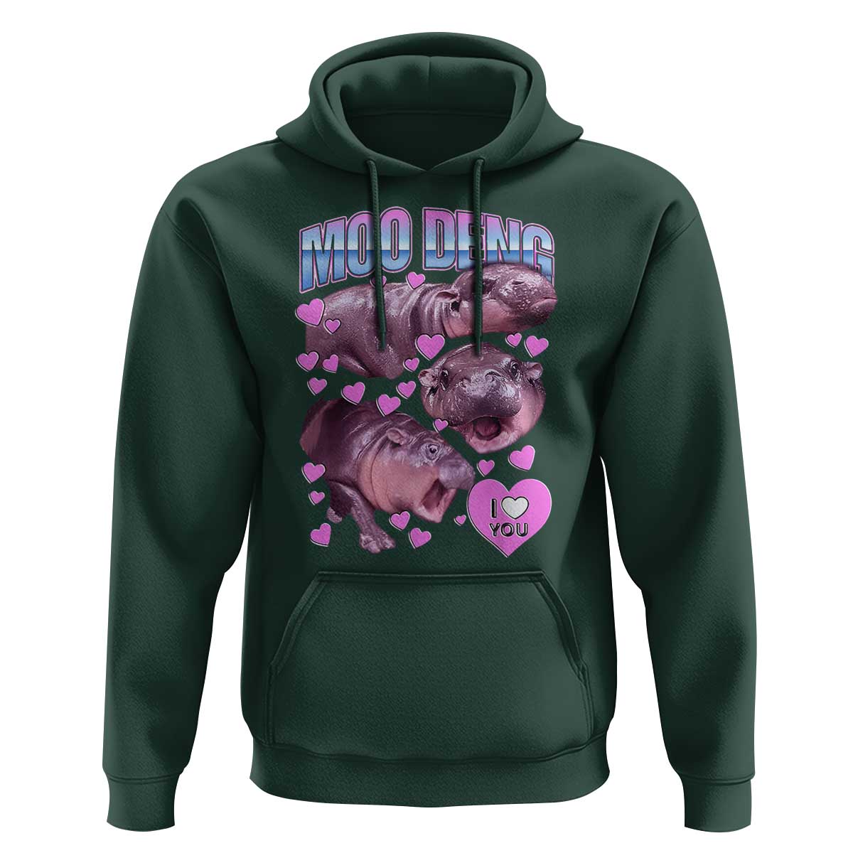 Baby Hippo Moo Deng Hoodie I Love Moo-Deng I Heart You Cute Pygmy Hippopotamus - Wonder Print Shop