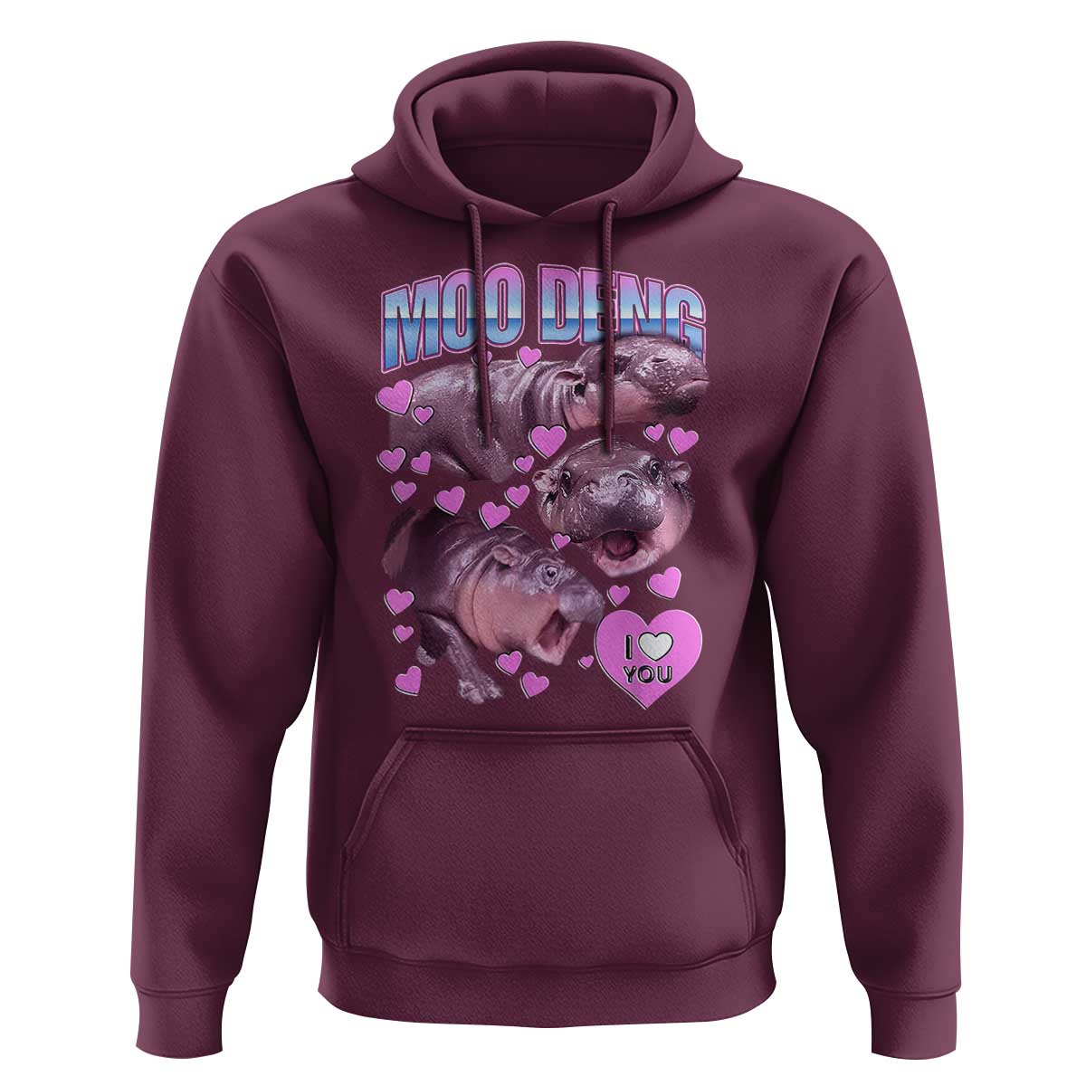 Baby Hippo Moo Deng Hoodie I Love Moo-Deng I Heart You Cute Pygmy Hippopotamus - Wonder Print Shop