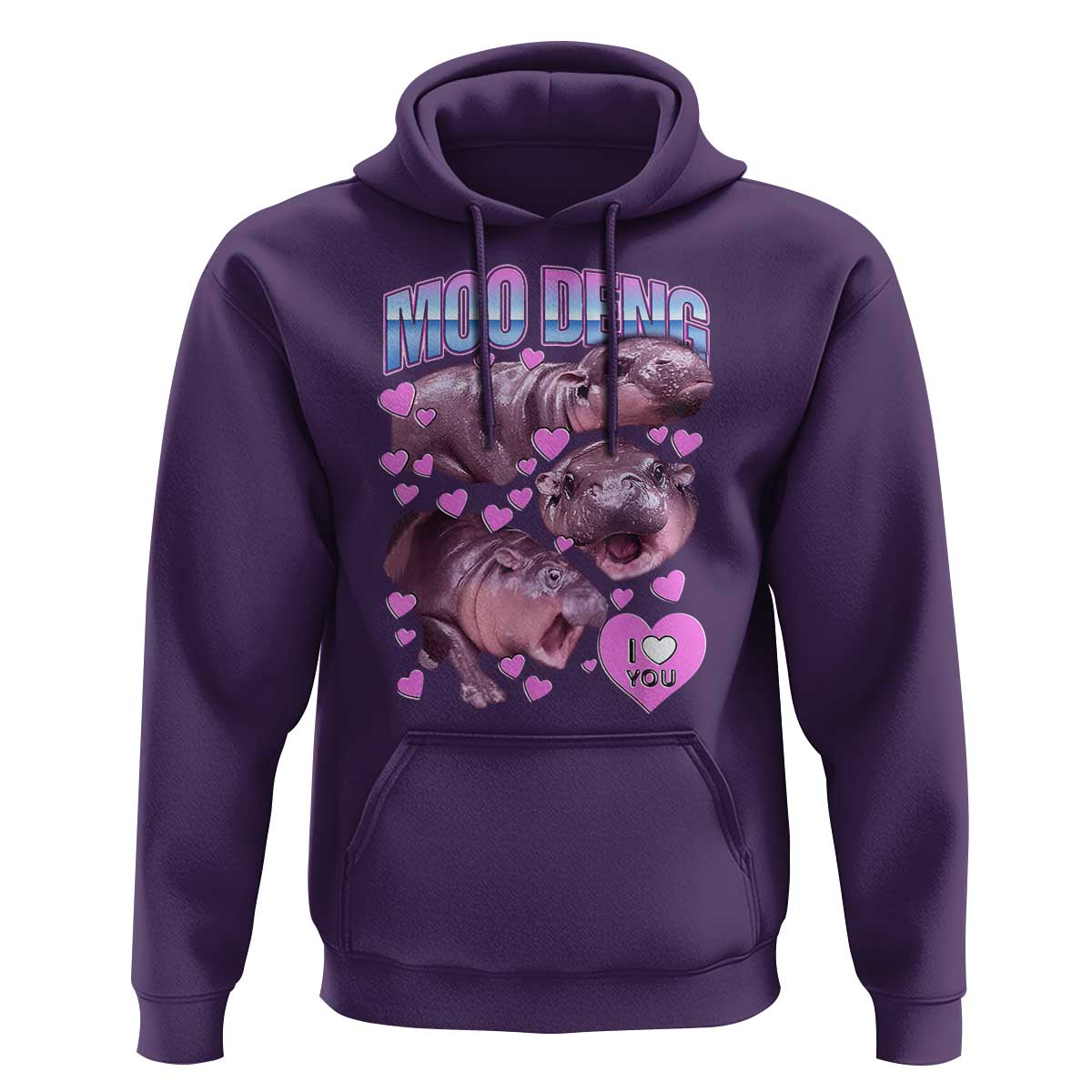 Baby Hippo Moo Deng Hoodie I Love Moo-Deng I Heart You Cute Pygmy Hippopotamus - Wonder Print Shop