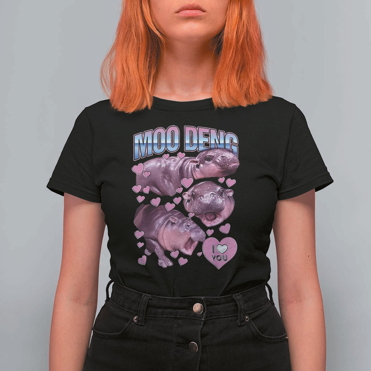 Baby Hippo Moo Deng T Shirt For Women I Love Moo-Deng I Heart You Cute Pygmy Hippopotamus - Wonder Print Shop