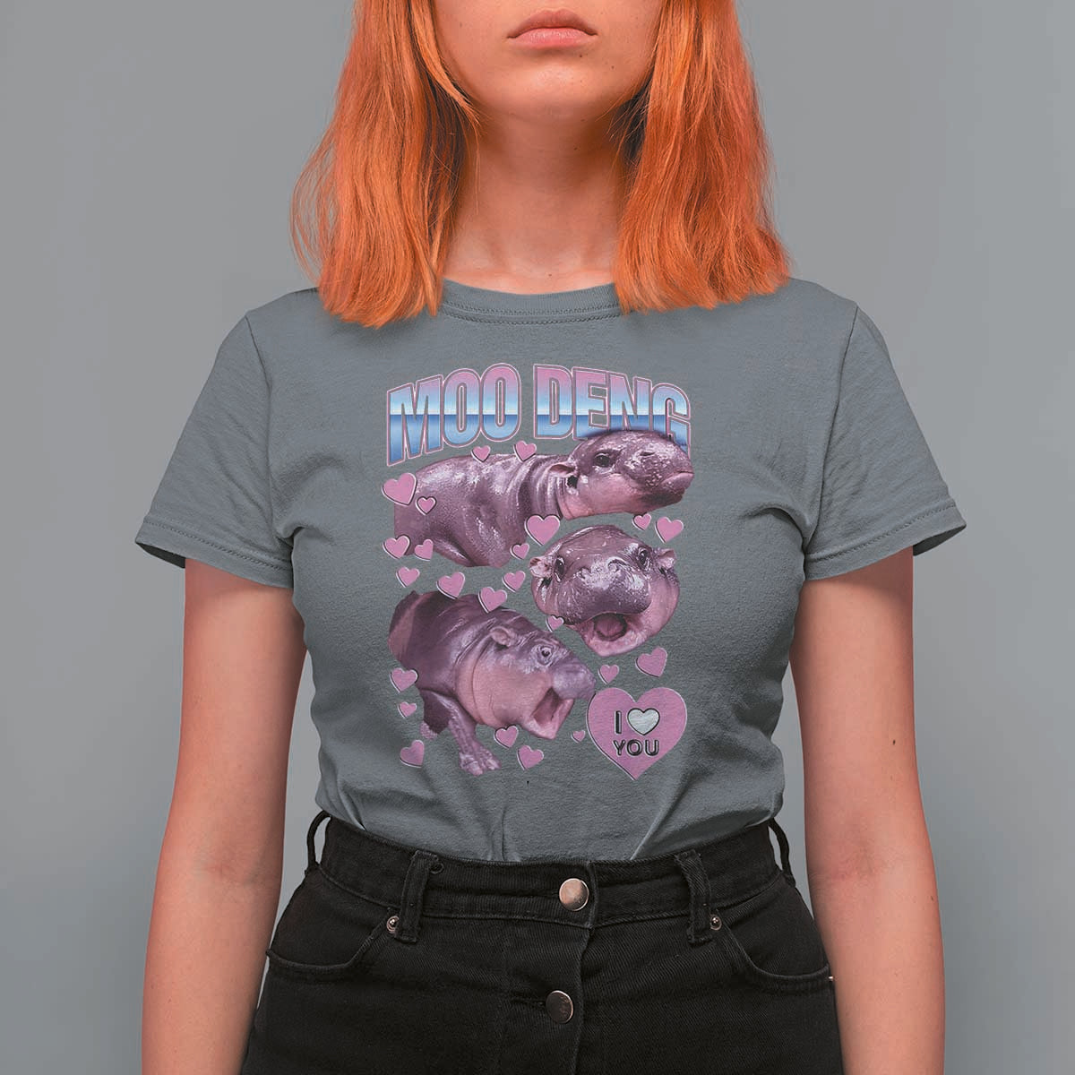Baby Hippo Moo Deng T Shirt For Women I Love Moo-Deng I Heart You Cute Pygmy Hippopotamus - Wonder Print Shop