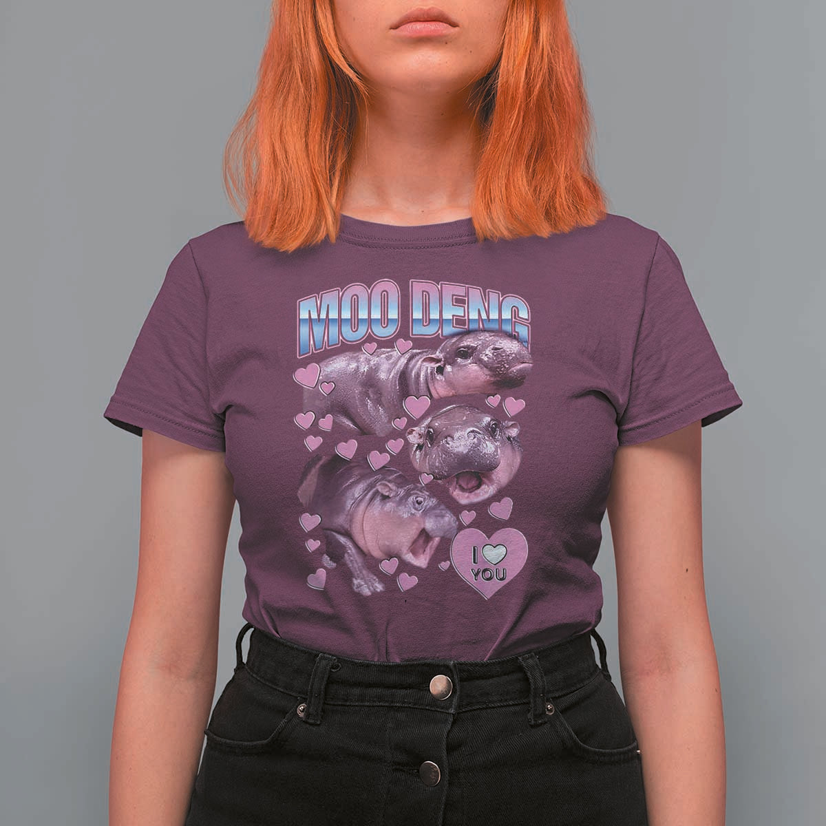 Baby Hippo Moo Deng T Shirt For Women I Love Moo-Deng I Heart You Cute Pygmy Hippopotamus - Wonder Print Shop