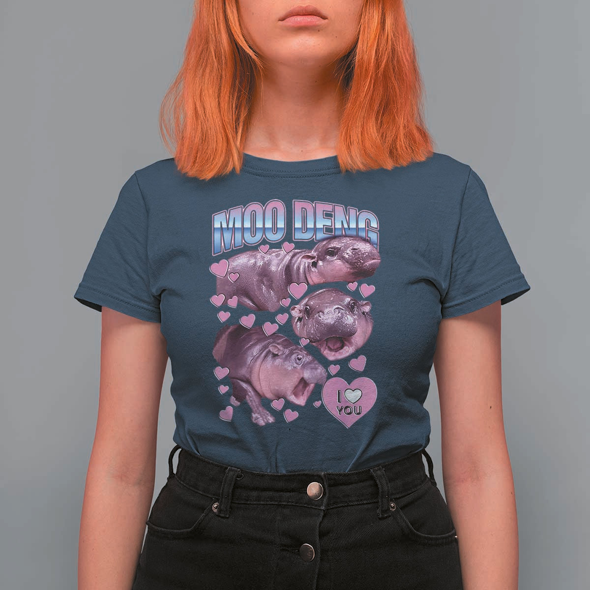 Baby Hippo Moo Deng T Shirt For Women I Love Moo-Deng I Heart You Cute Pygmy Hippopotamus - Wonder Print Shop