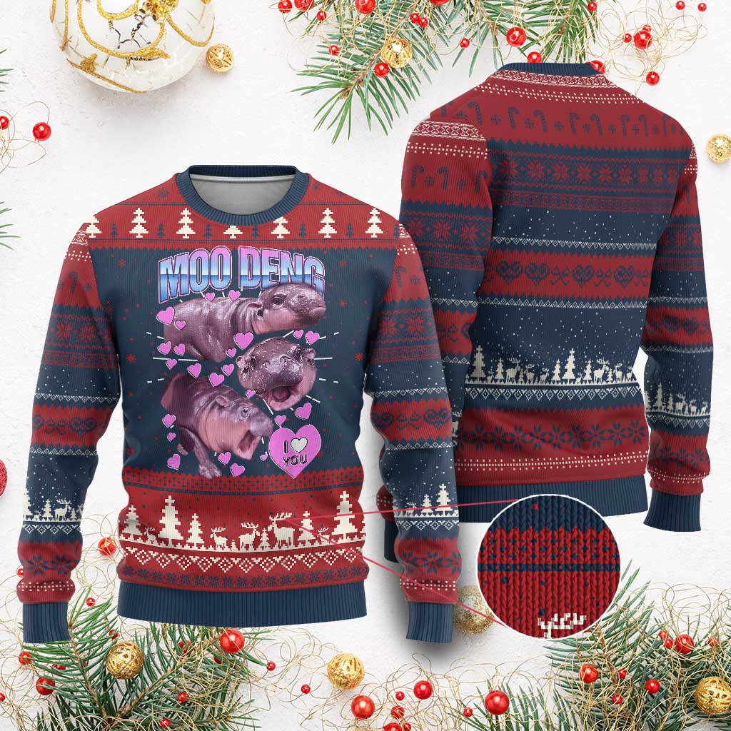 Baby Hippo Moo Deng Ugly Christmas Sweater I Love Moo-Deng I Heart You Cute Pygmy Hippopotamus - Wonder Print Shop